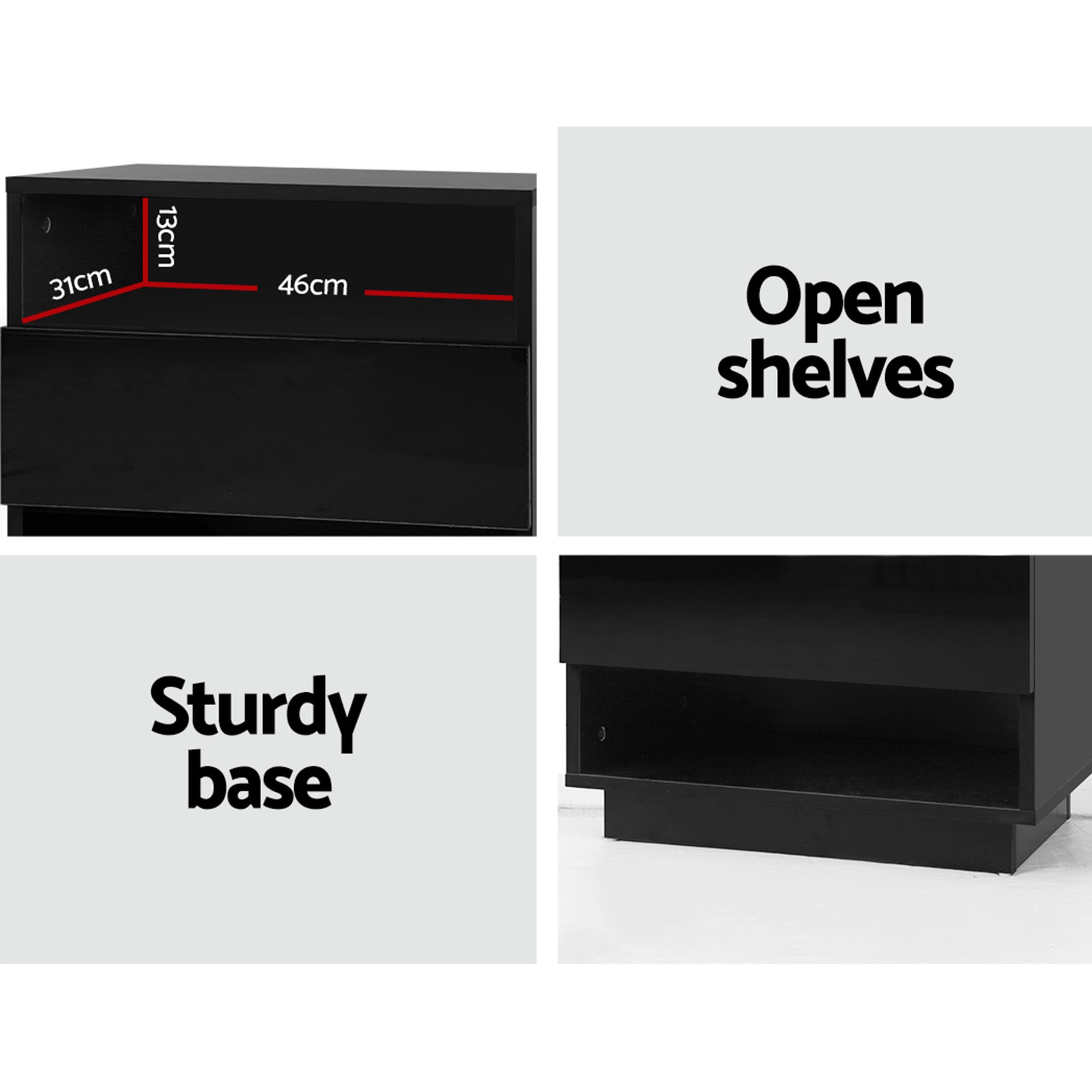 Artiss Hana LED Bedside Tables with Drawer and 2 Shelves – Black, Set of 2