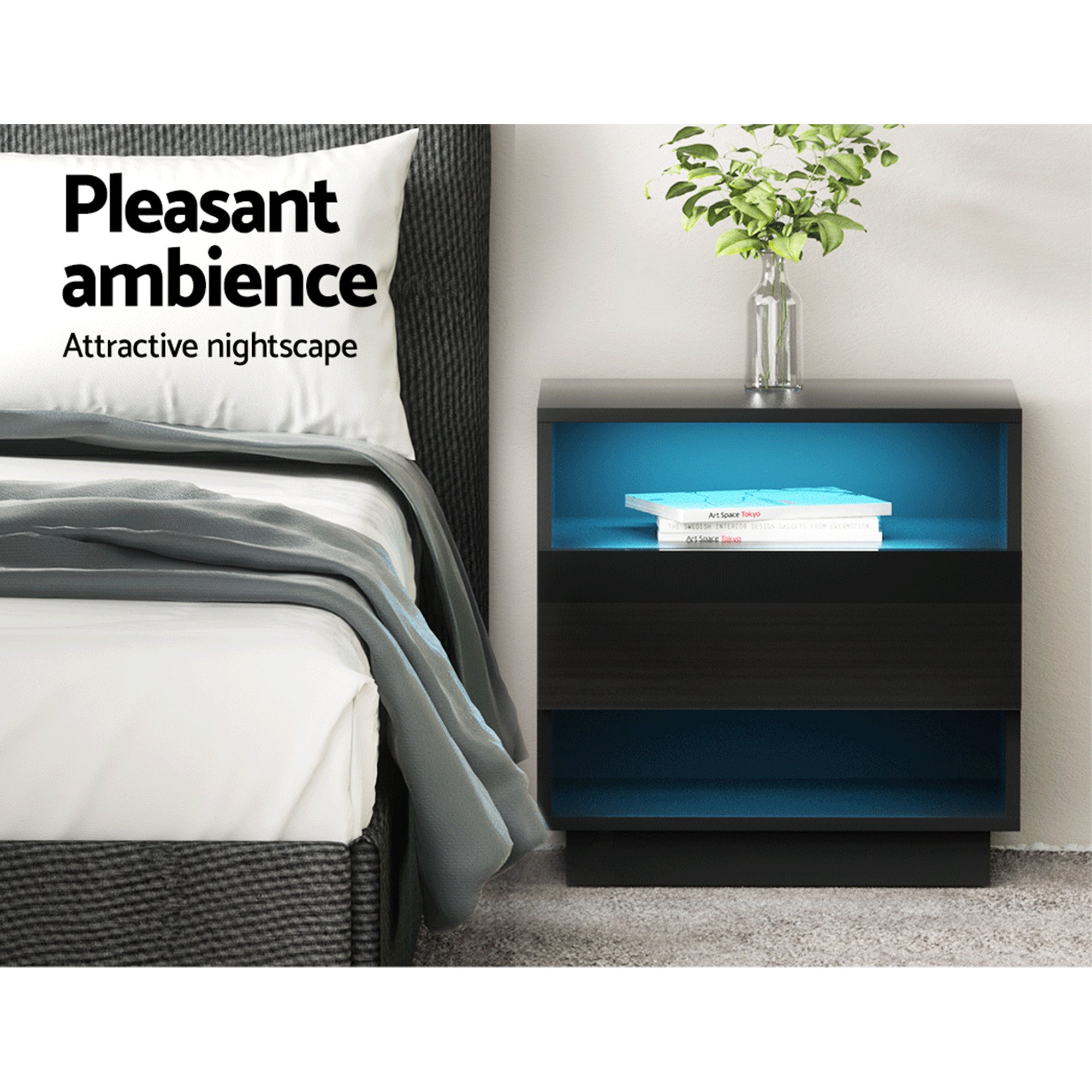Artiss Hana LED Bedside Tables with Drawer and 2 Shelves – Black, Set of 2
