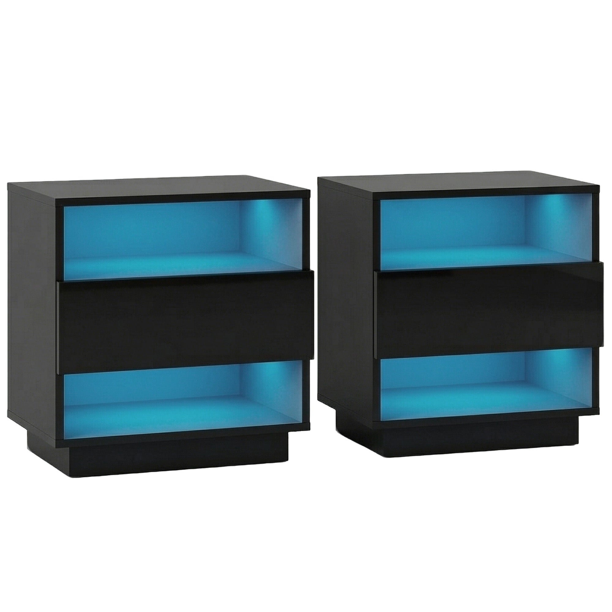 Artiss Hana LED Bedside Tables with Drawer and 2 Shelves – Black, Set of 2