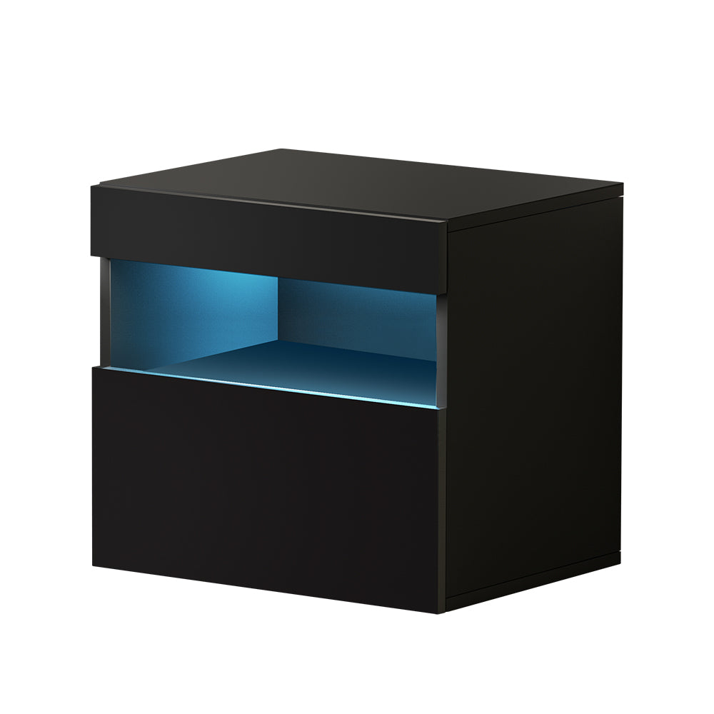 Artiss Heres LED Bedside Table with Drawer and Shelf – Black
