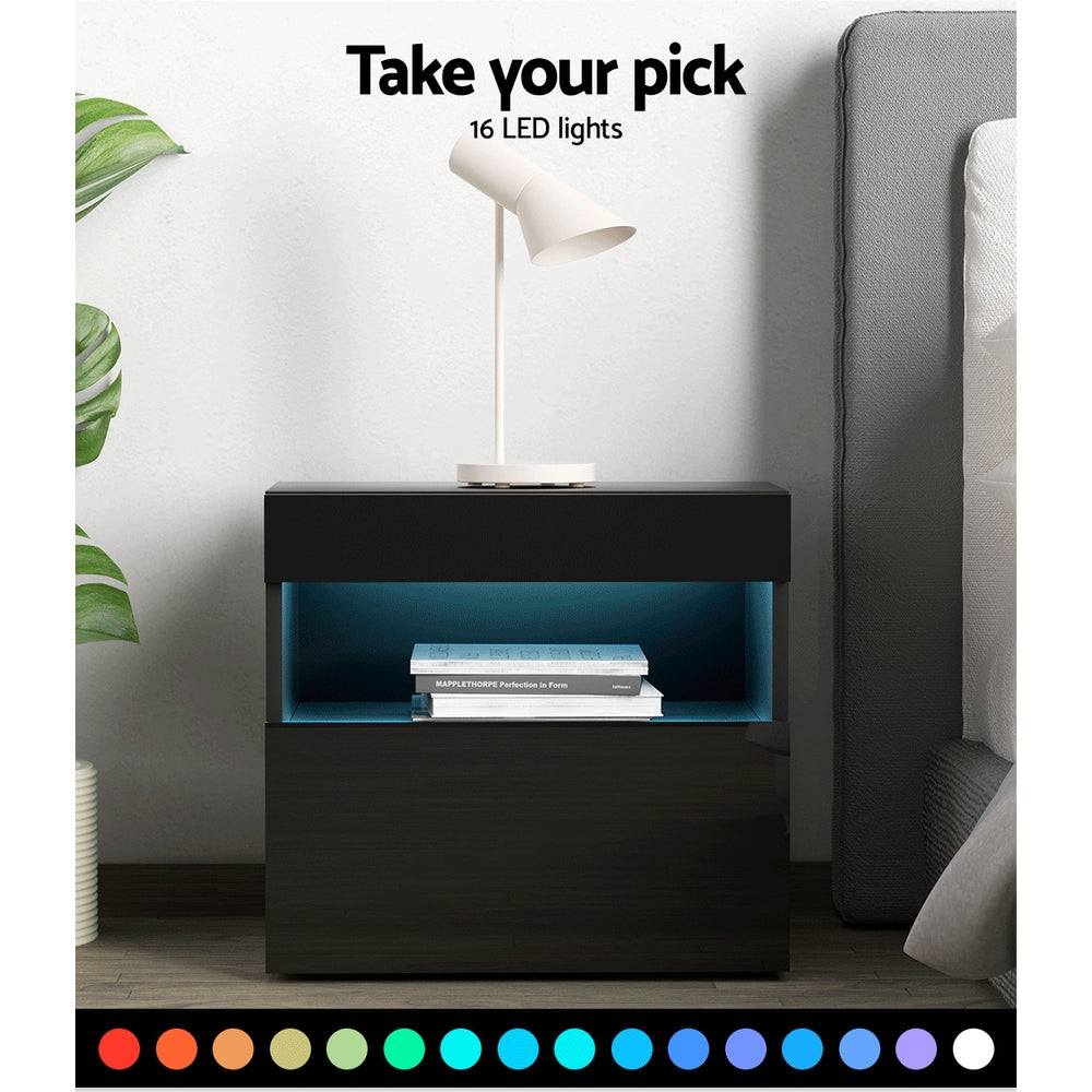 Artiss Heres LED Bedside Table with Drawer and Shelf – Black