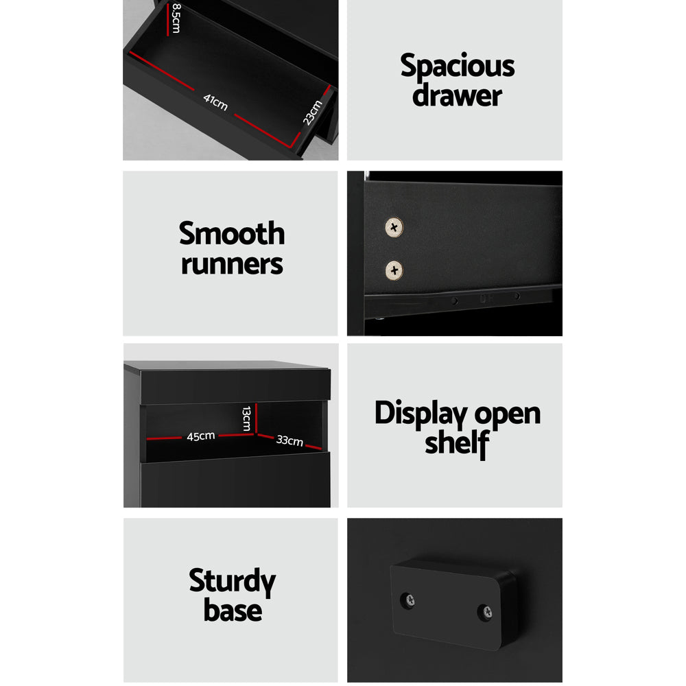 Artiss Heres LED Bedside Table with Drawer and Shelf – Black