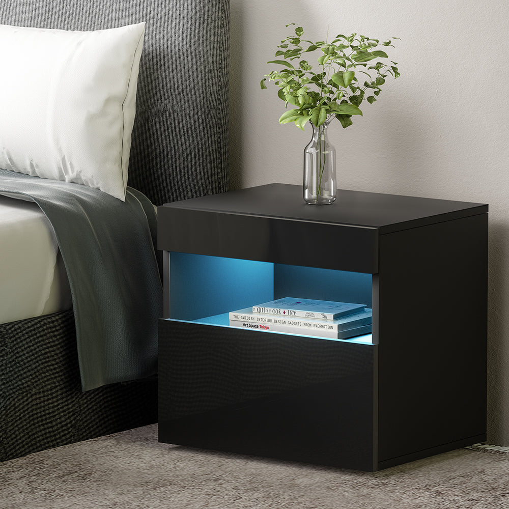 Artiss Heres LED Bedside Table with Drawer and Shelf – Black