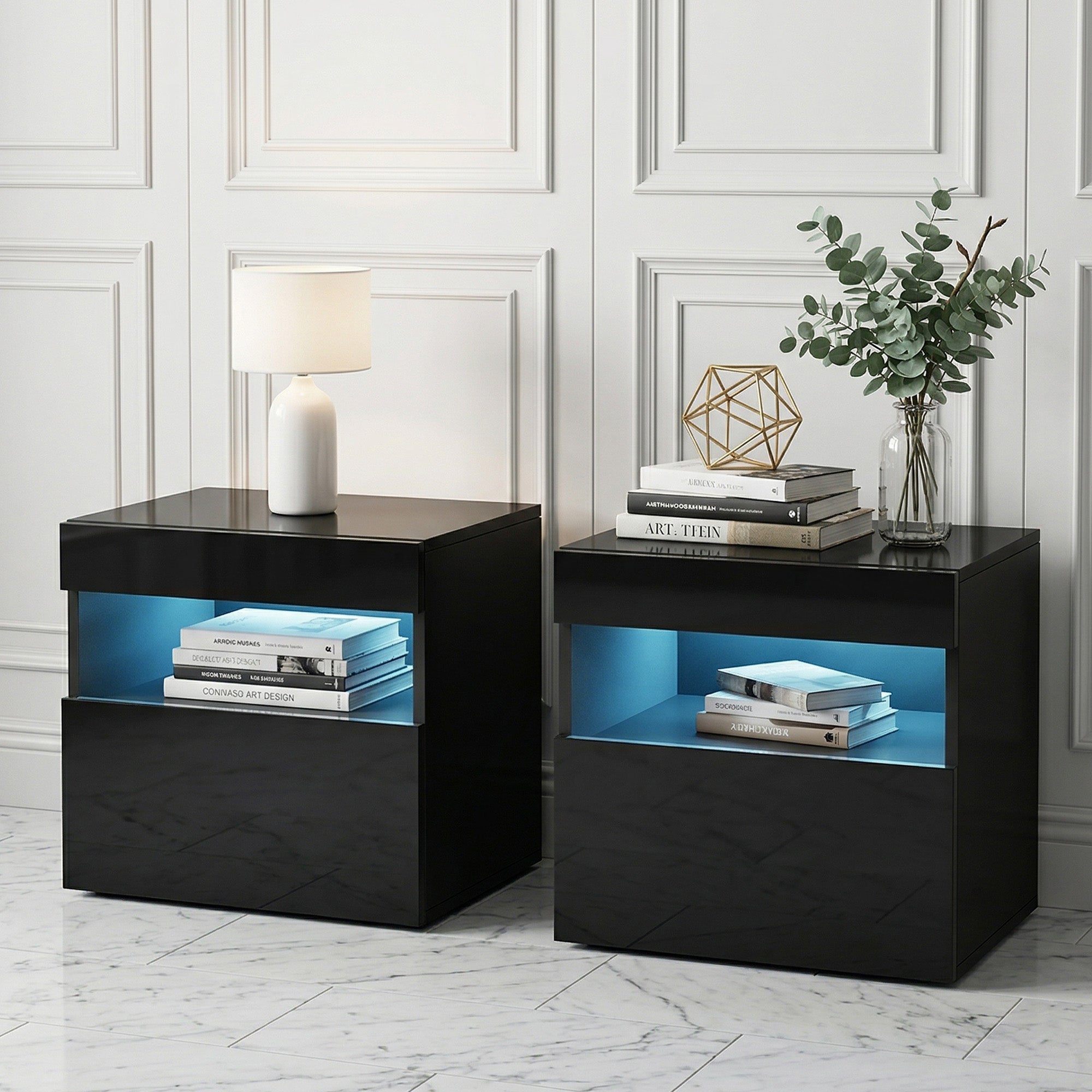 Artiss Heres LED Bedside Tables with Drawer and Shelf – Black, Set of 2