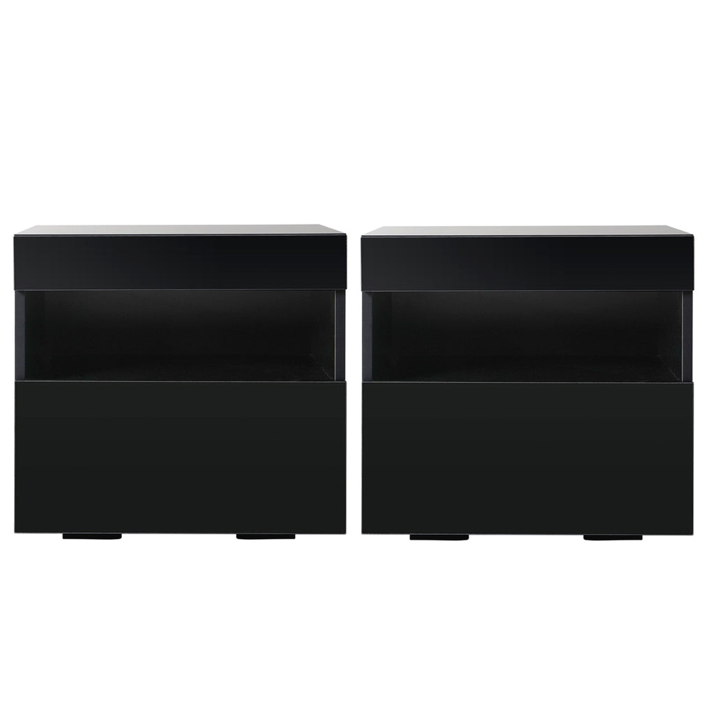 Artiss Heres LED Bedside Tables with Drawer and Shelf – Black, Set of 2