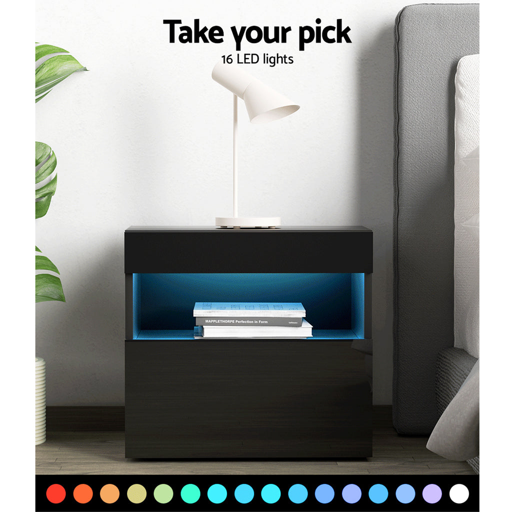 Artiss Heres LED Bedside Tables with Drawer and Shelf – Black, Set of 2