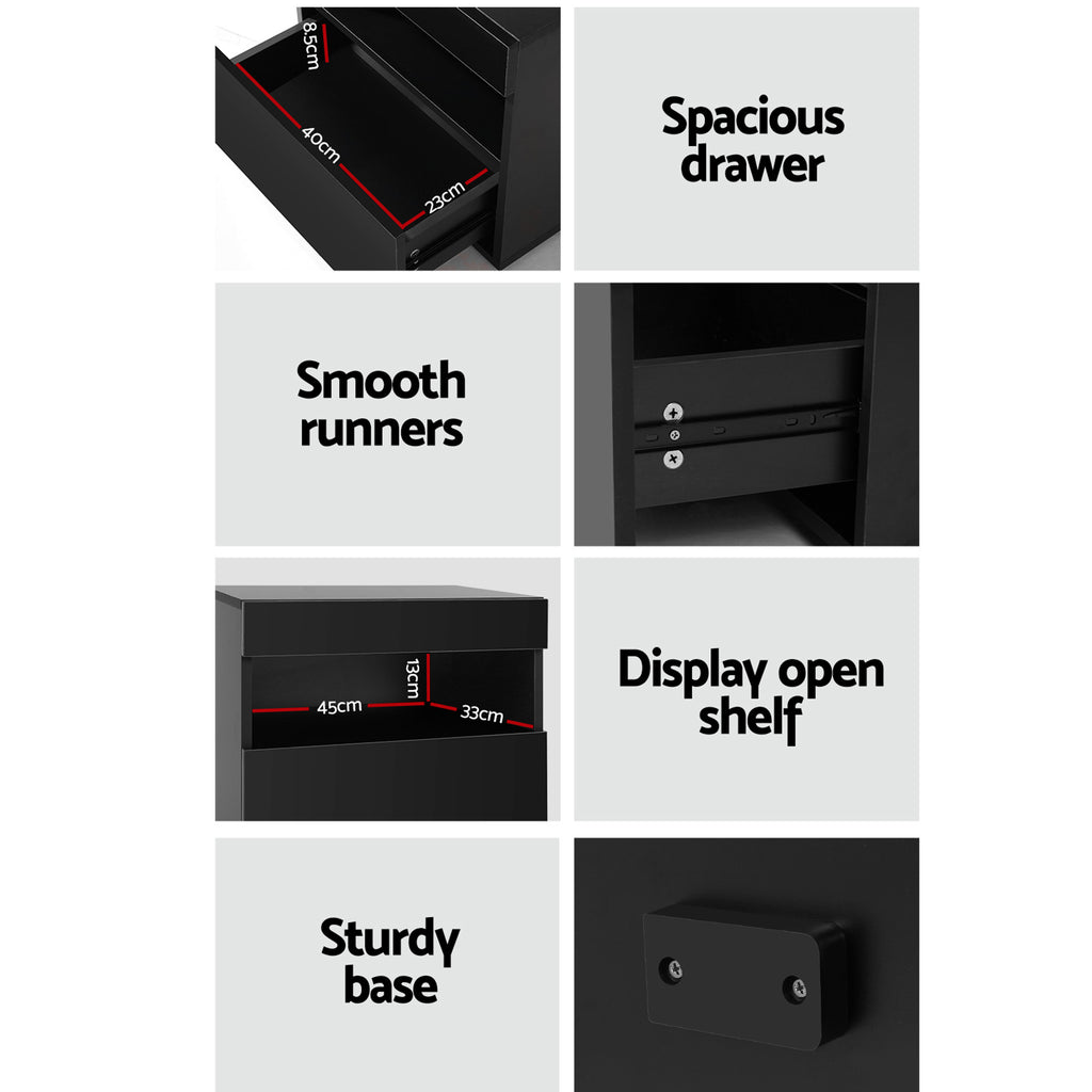 Artiss Heres LED Bedside Tables with Drawer and Shelf – Black, Set of 2