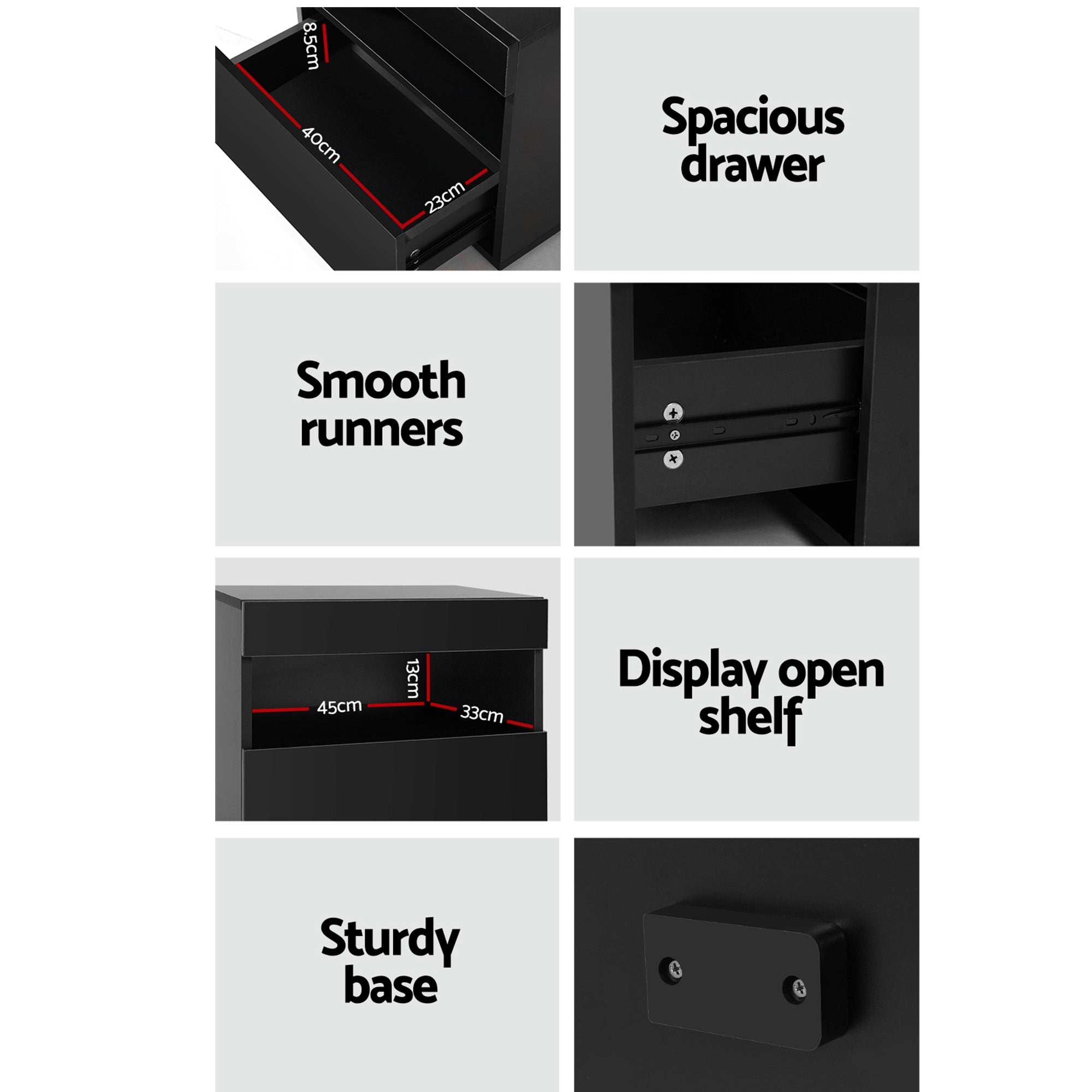 Artiss Heres LED Bedside Tables with Drawer and Shelf – Black, Set of 2