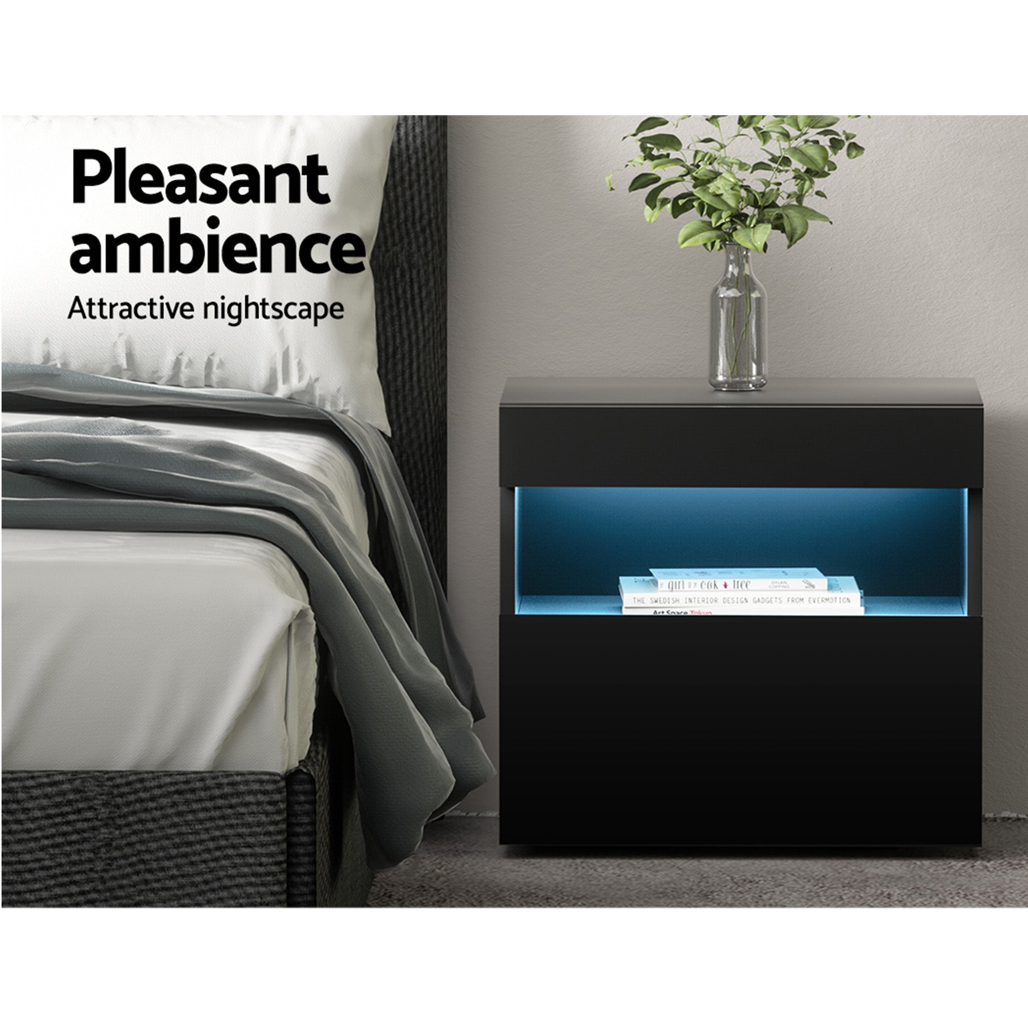 Artiss Heres LED Bedside Tables with Drawer and Shelf – Black, Set of 2