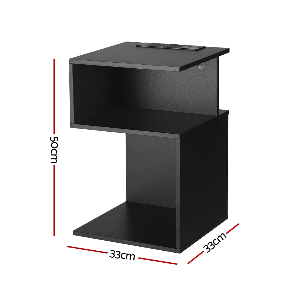 Artiss S-Shaped Charging Side Table with 2 Shelves – Black