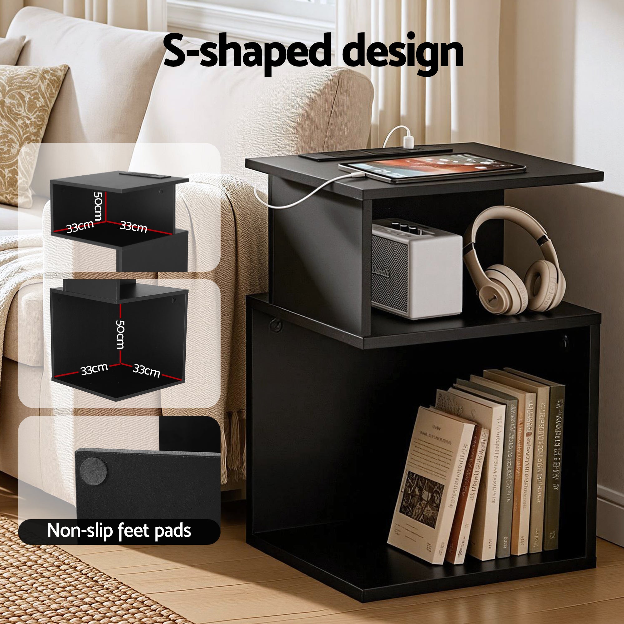 Artiss S-Shaped Charging Side Table with 2 Shelves – Black
