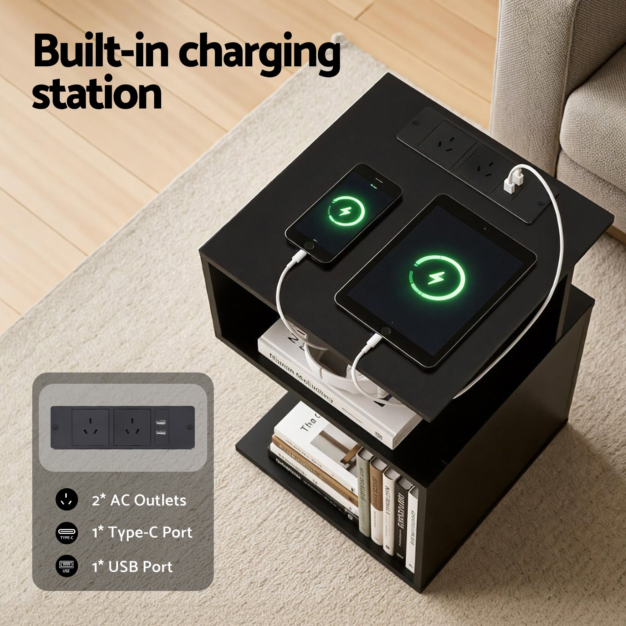 Artiss S-Shaped Charging Side Table with 2 Shelves – Black