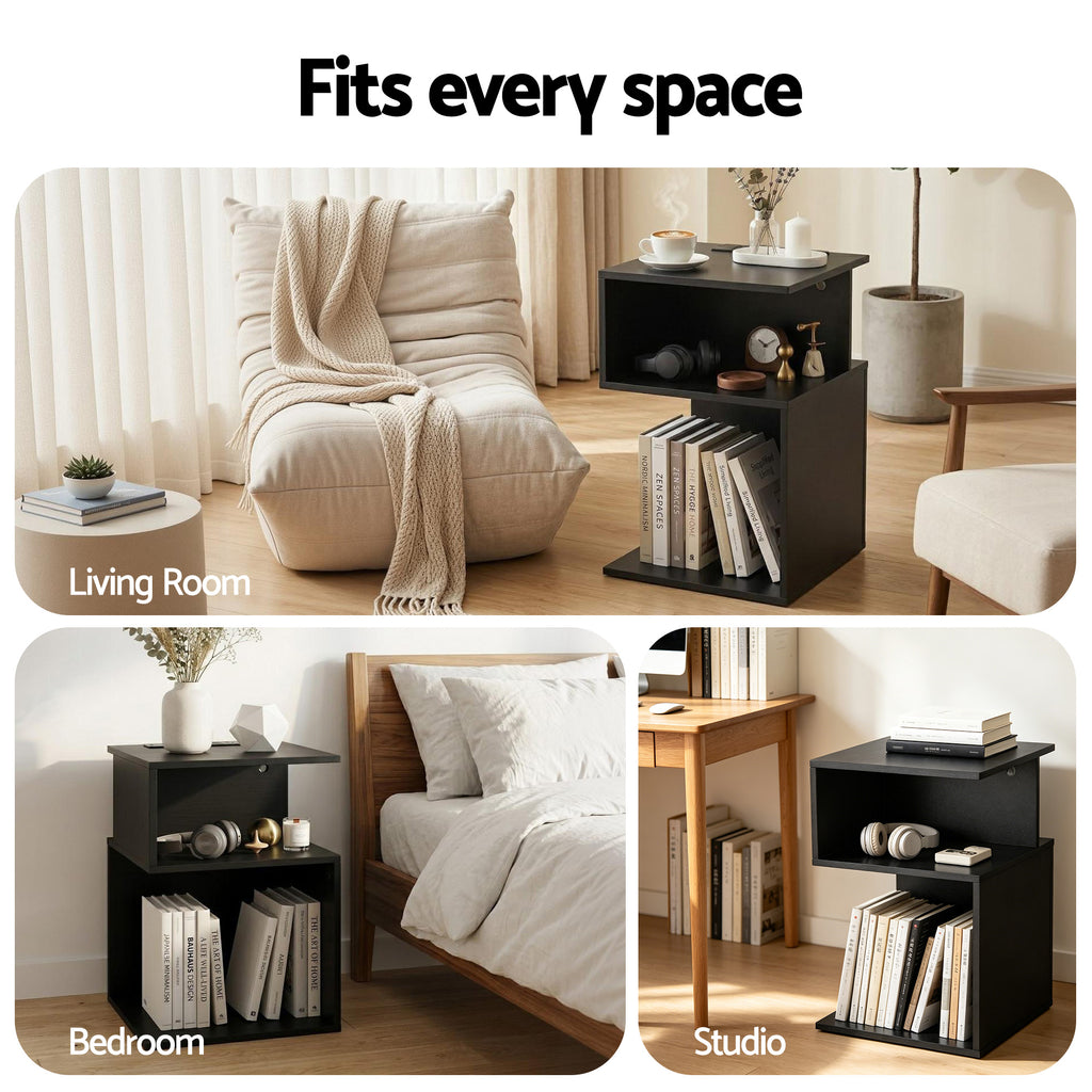 Artiss S-Shaped Charging Side Table with 2 Shelves – Black