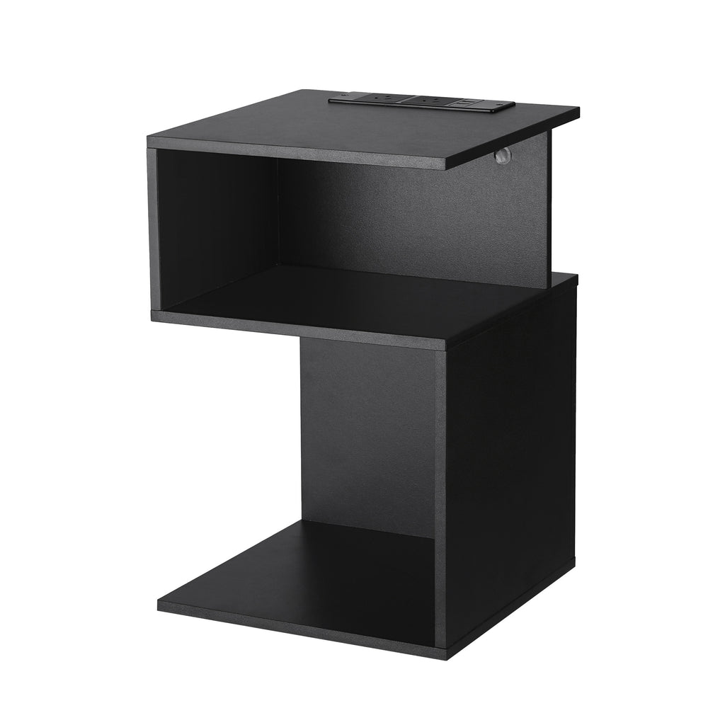 Artiss S-Shaped Charging Side Table with 2 Shelves – Black