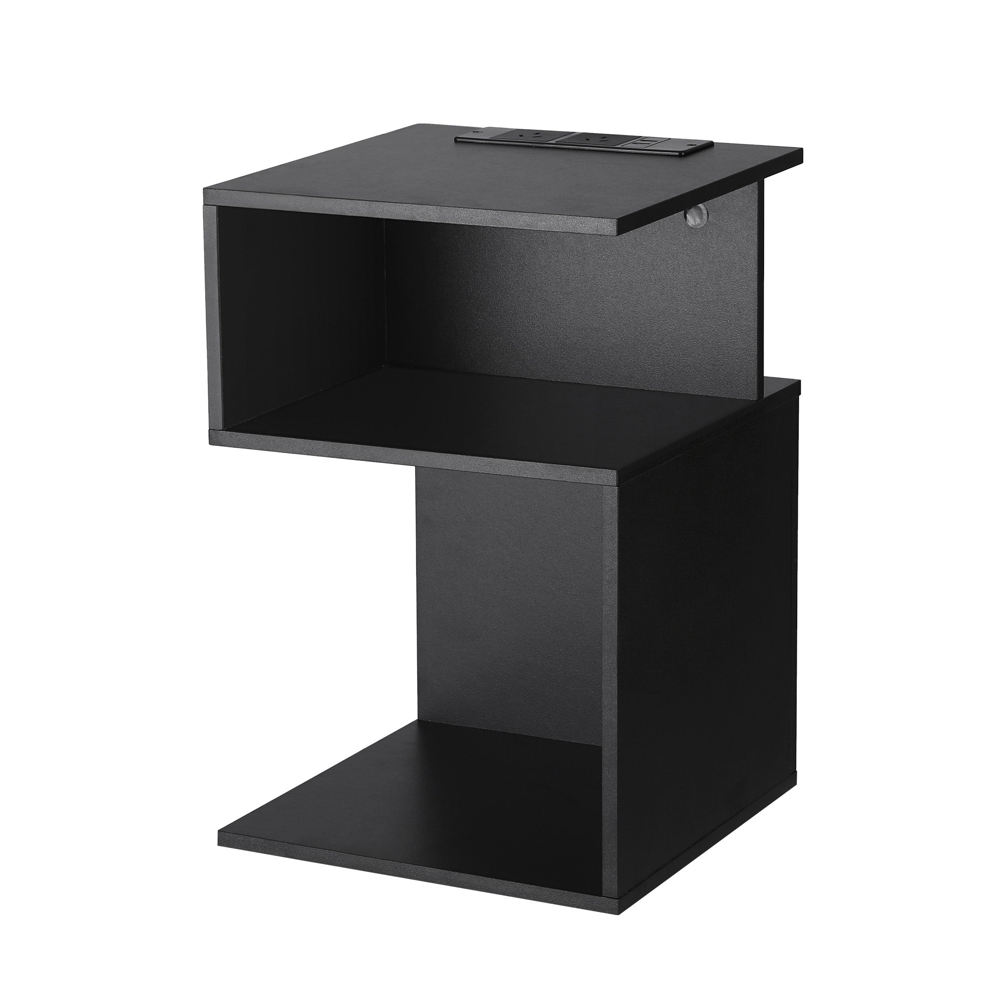 Artiss S-Shaped Charging Side Table with 2 Shelves – Black
