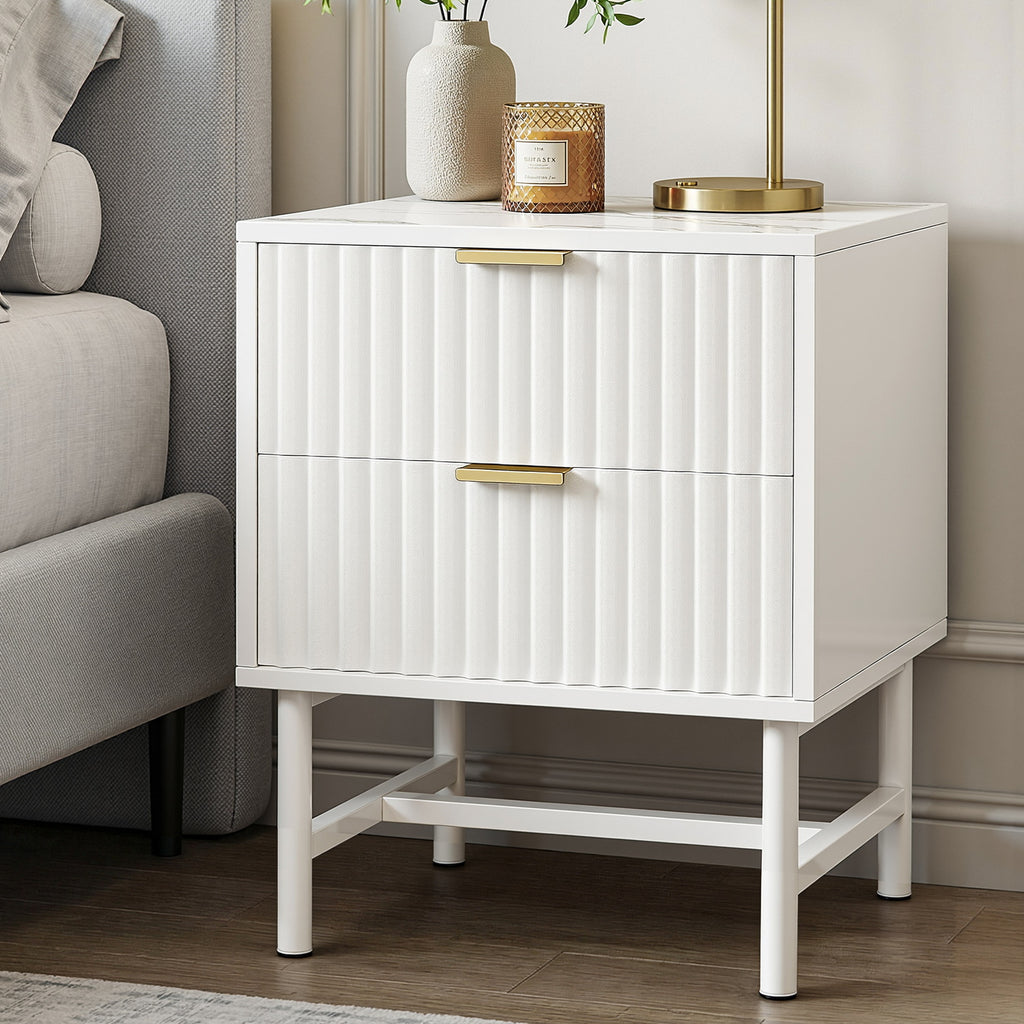 Artiss 2-Drawer Bedside Table with Metal Frame – White