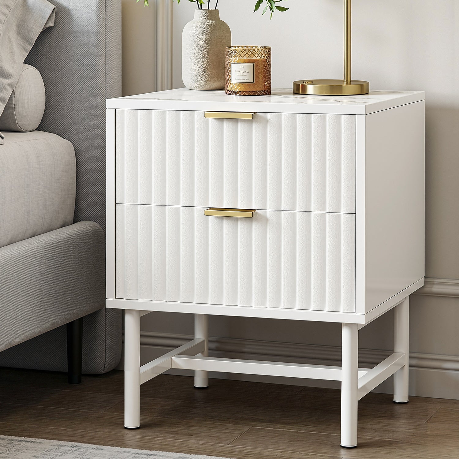 Artiss 2-Drawer Bedside Table with Metal Frame – White