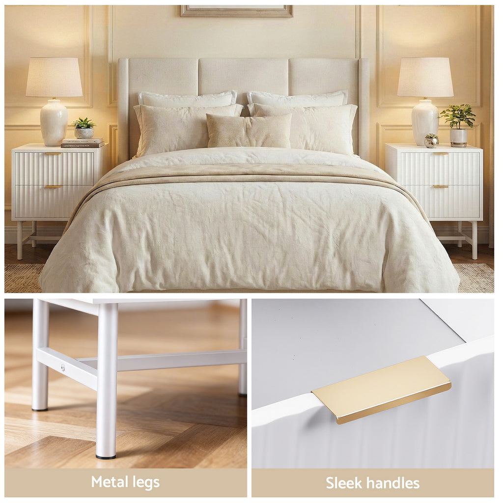 Artiss 2-Drawer Bedside Table with Metal Frame – White