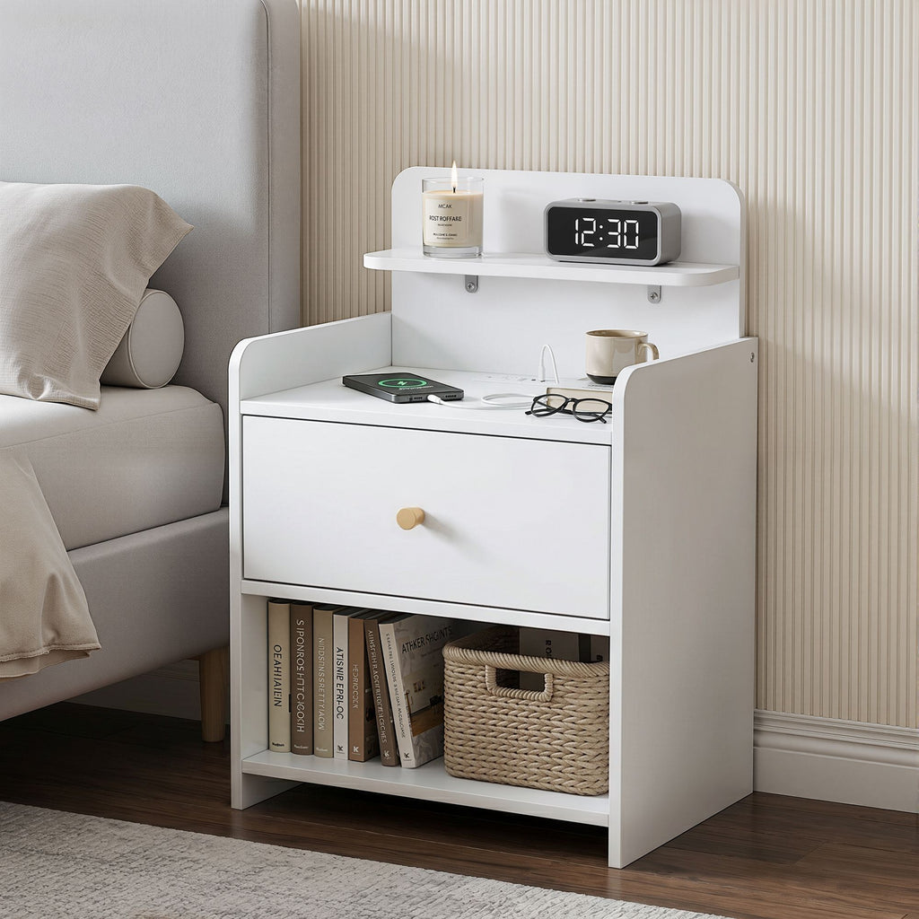 Artiss Charging Bedside Table with Drawer and Shelf – White