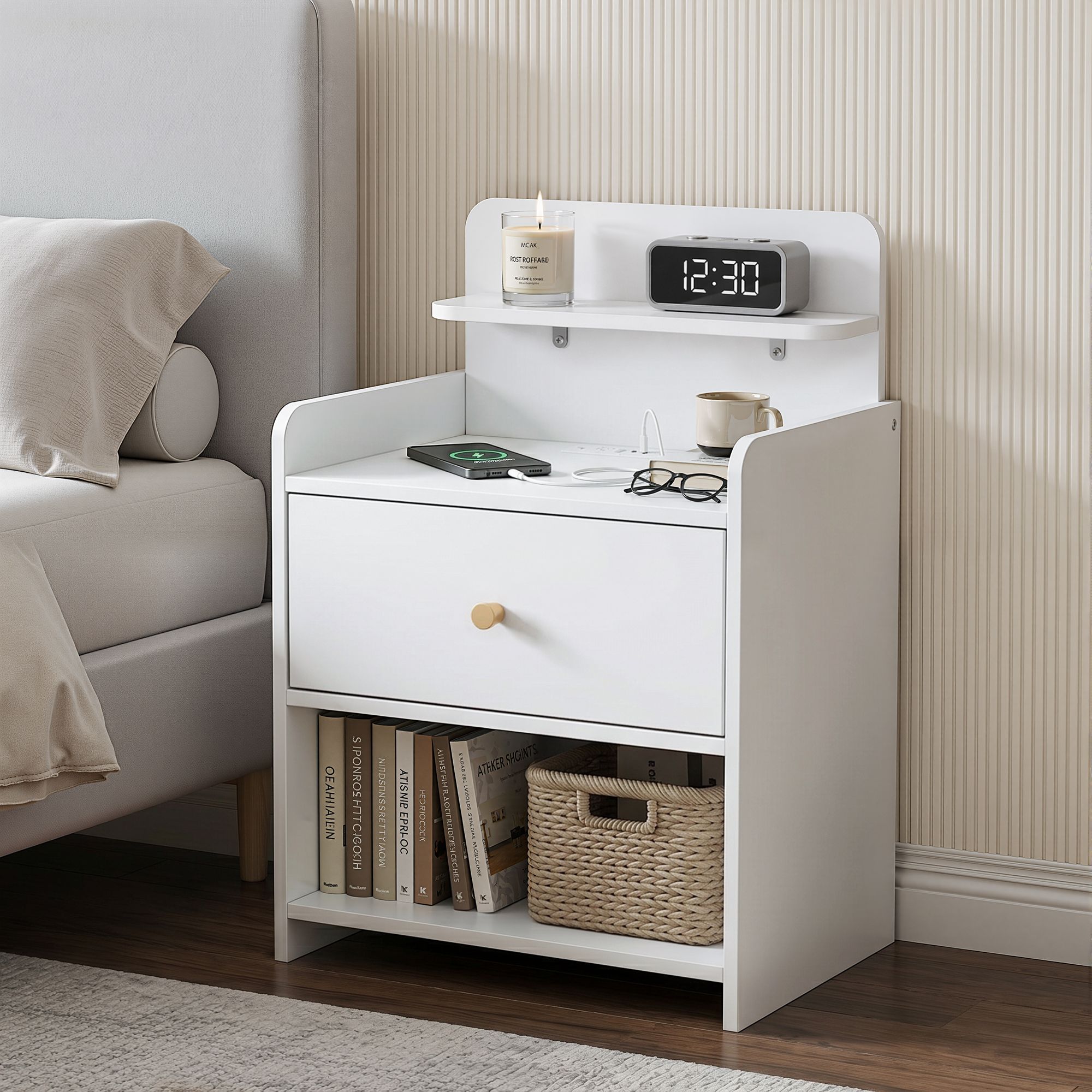 Artiss Charging Bedside Table with Drawer and Shelf – White
