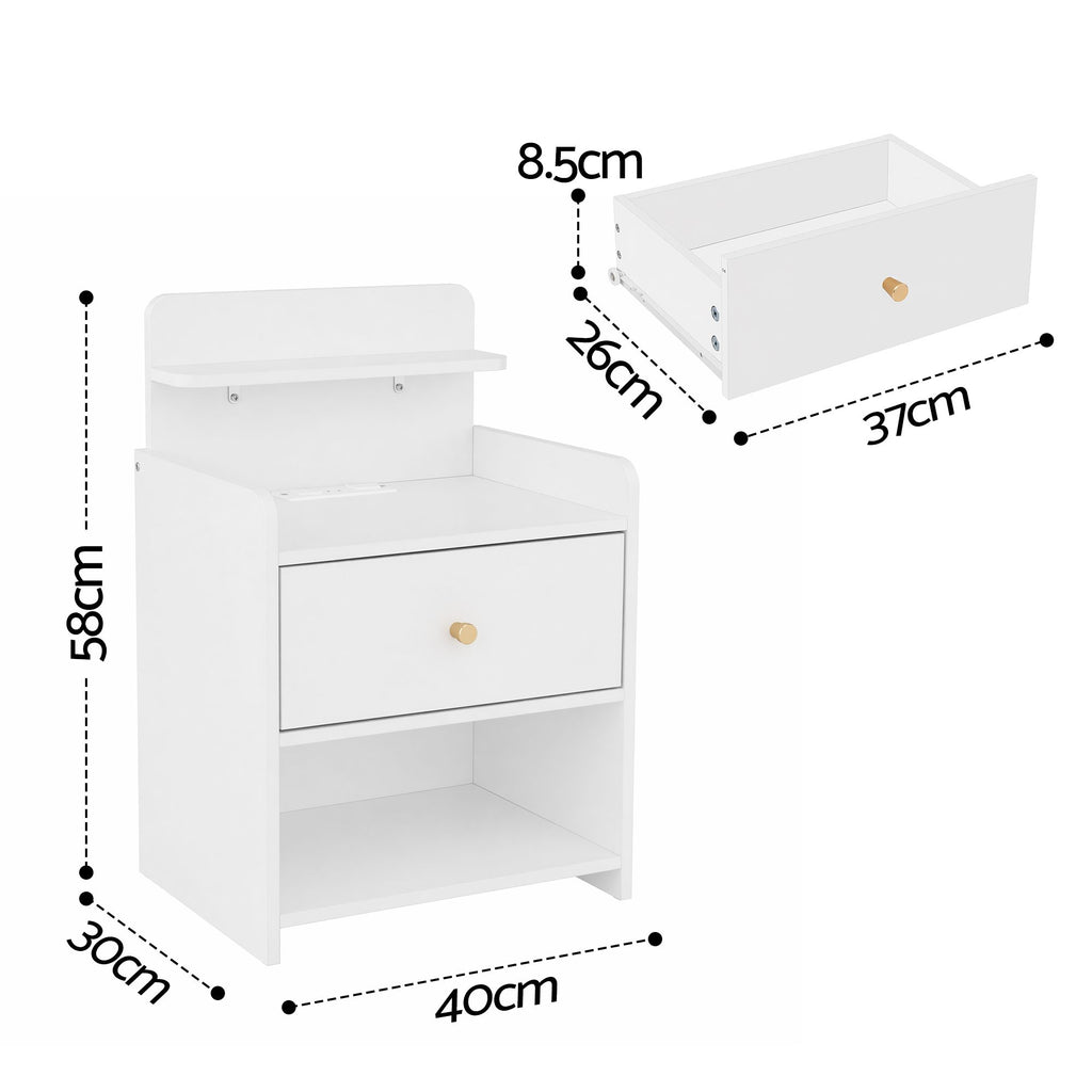 Artiss Charging Bedside Table with Drawer and Shelf – White