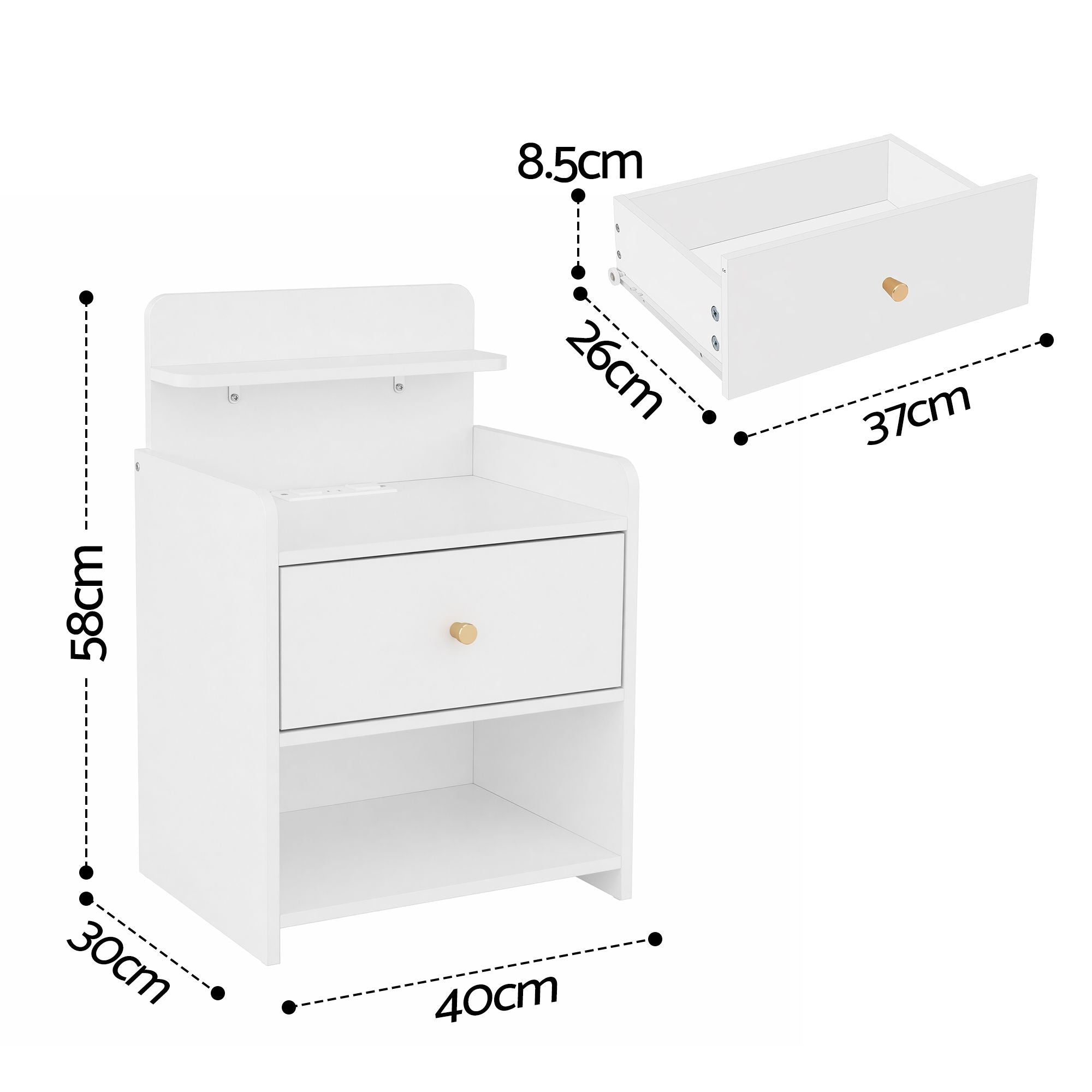 Artiss Charging Bedside Table with Drawer and Shelf – White