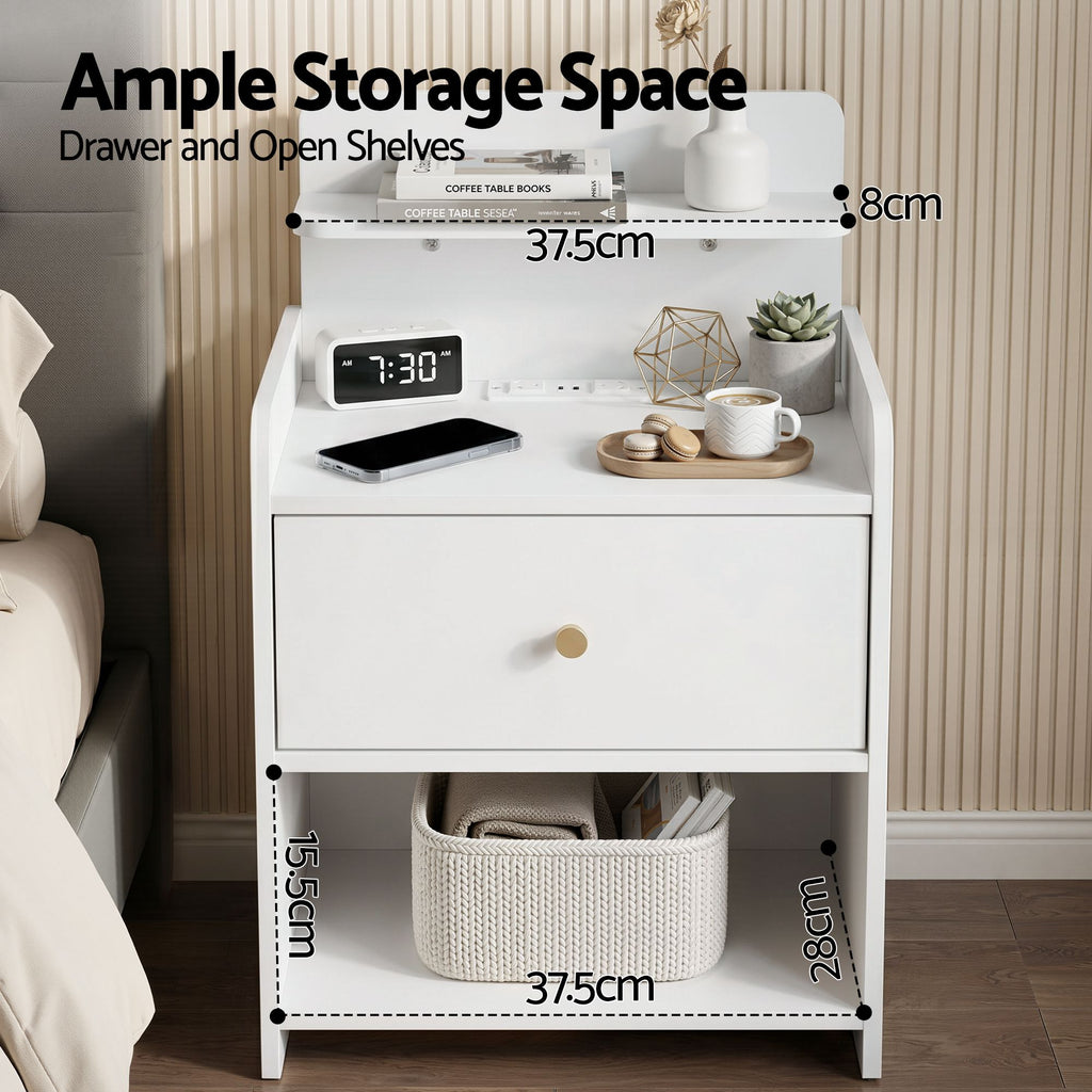 Artiss Charging Bedside Table with Drawer and Shelf – White