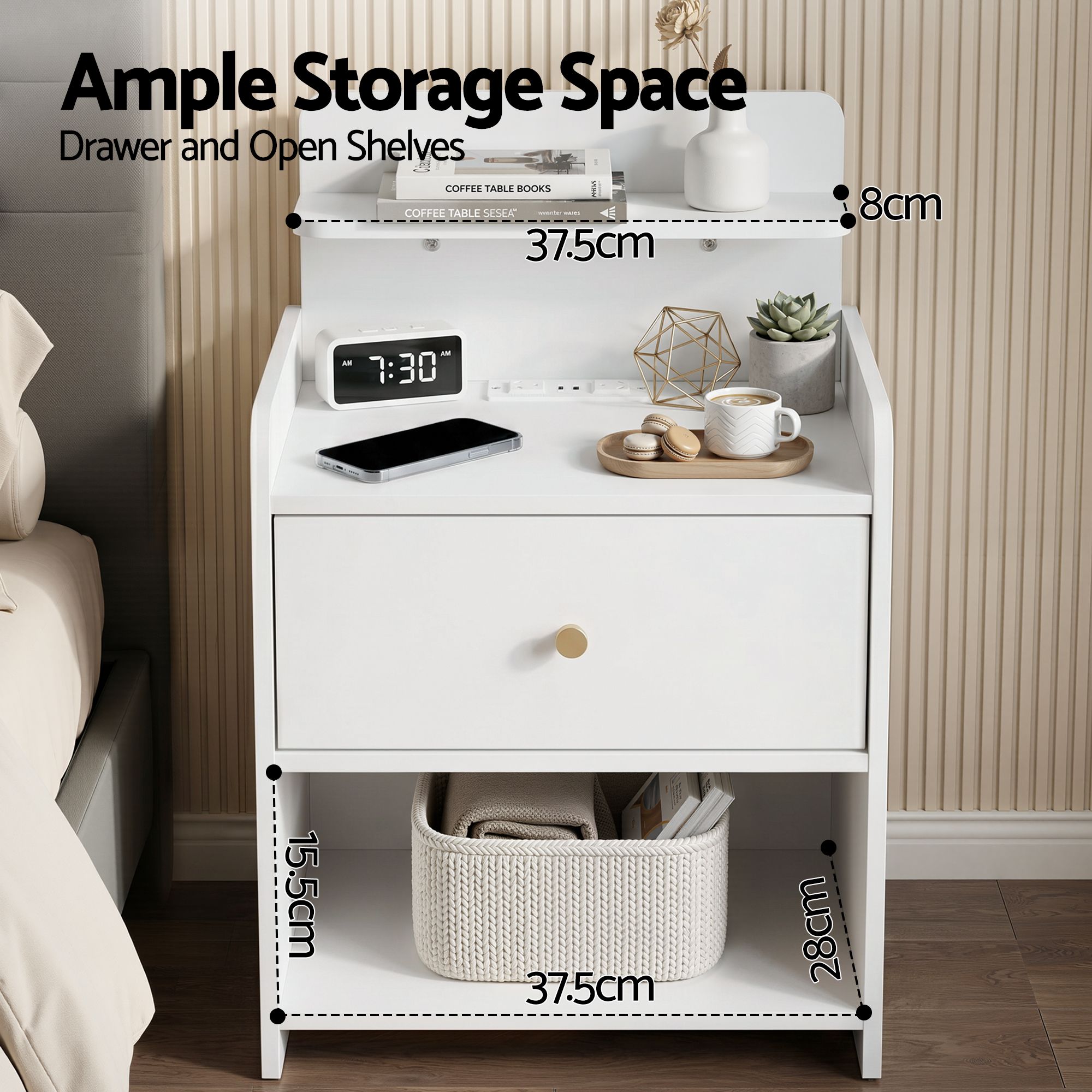 Artiss Charging Bedside Table with Drawer and Shelf – White