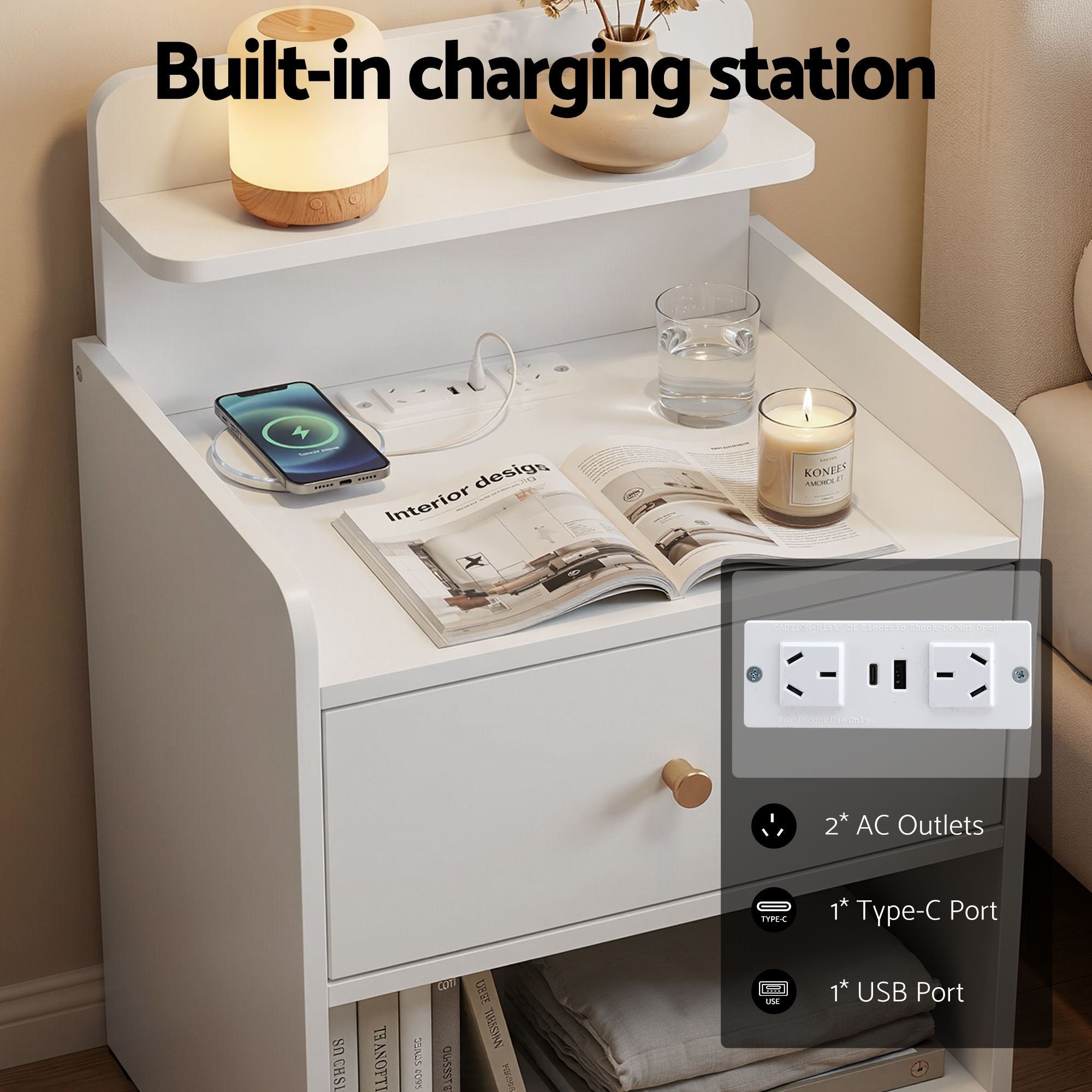 Artiss Charging Bedside Table with Drawer and Shelf – White