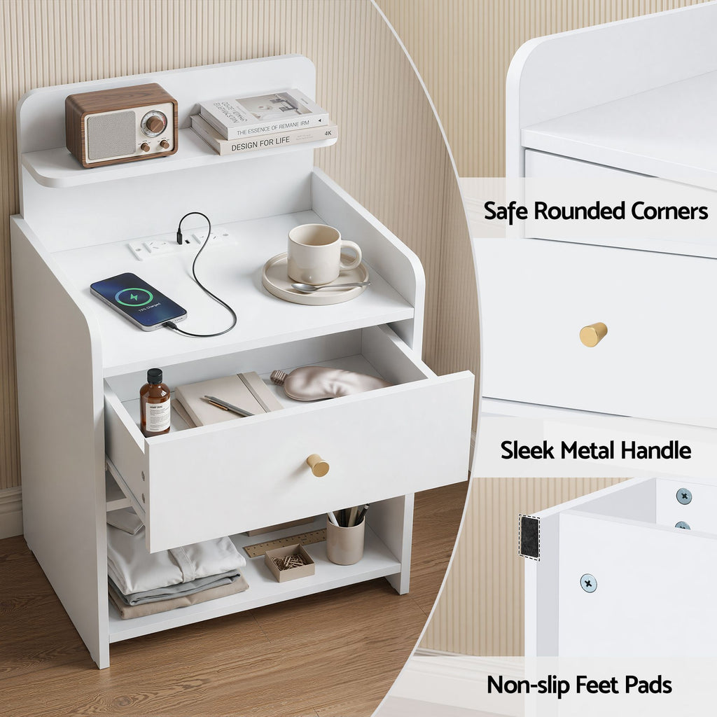 Artiss Charging Bedside Table with Drawer and Shelf – White