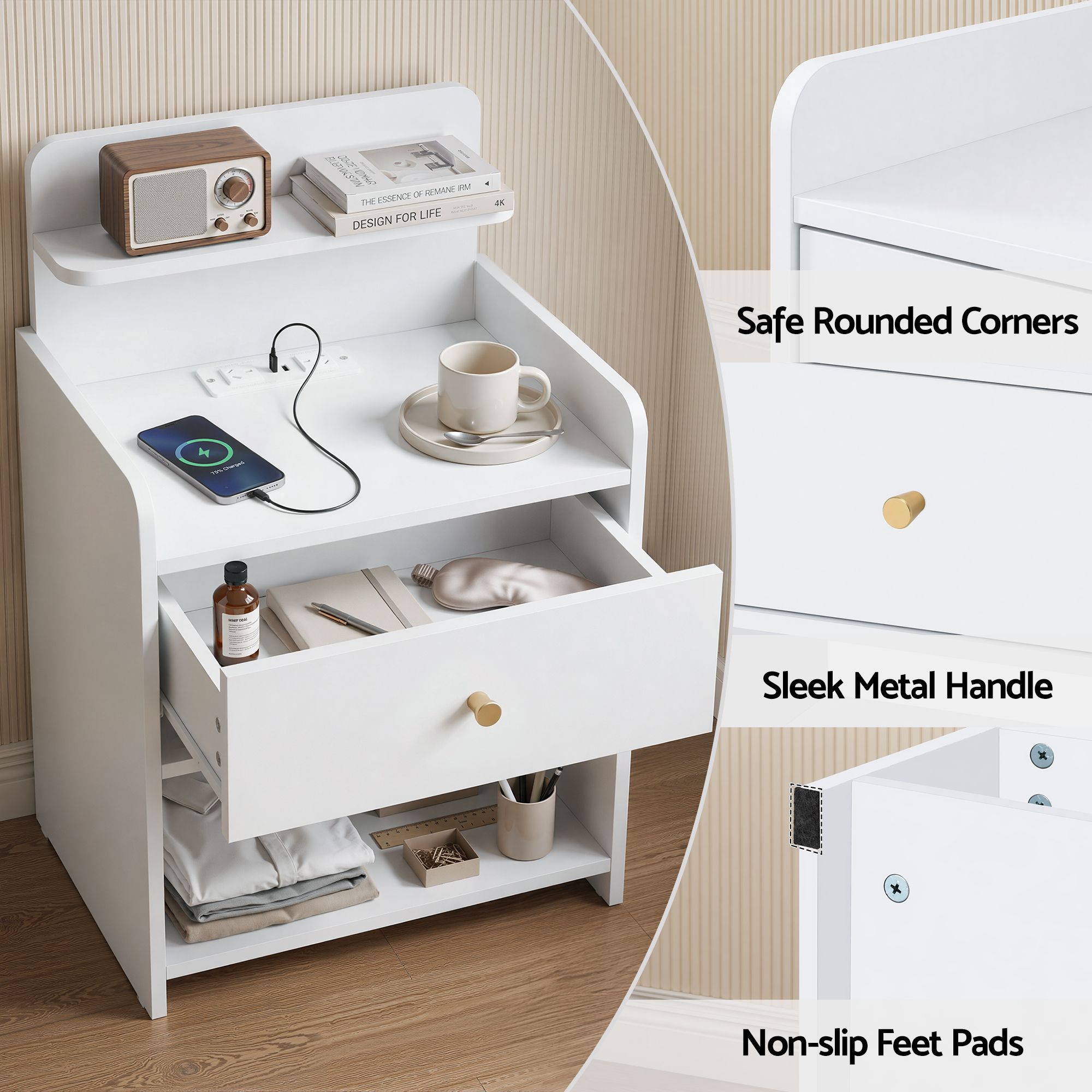 Artiss Charging Bedside Table with Drawer and Shelf – White