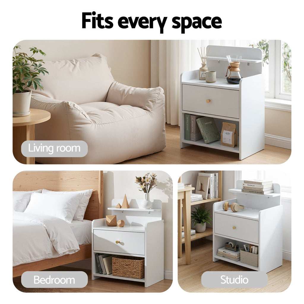 Artiss Charging Bedside Table with Drawer and Shelf – White