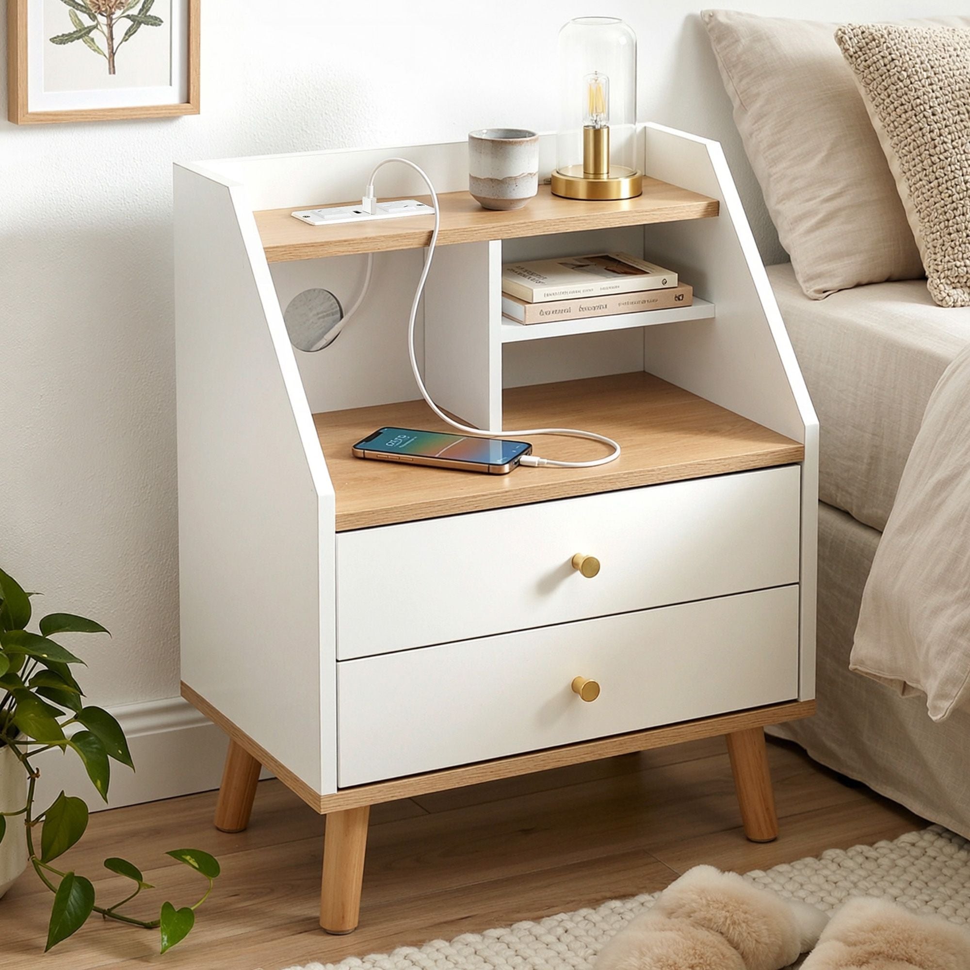 Artiss Charging Bedside Table with 2 Drawers and 3 Shelves – White and Pine