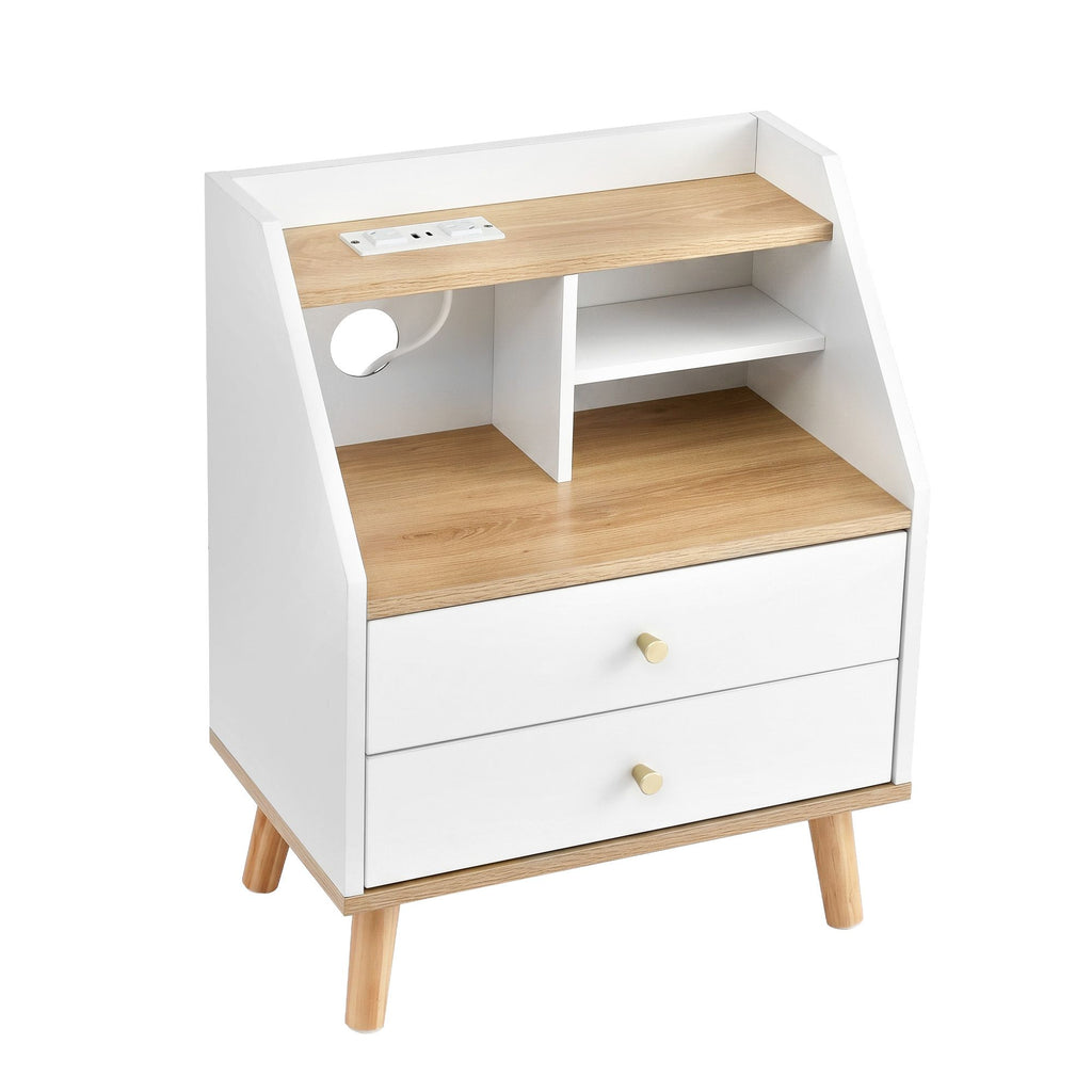 Artiss Charging Bedside Table with 2 Drawers and 3 Shelves – White and Pine