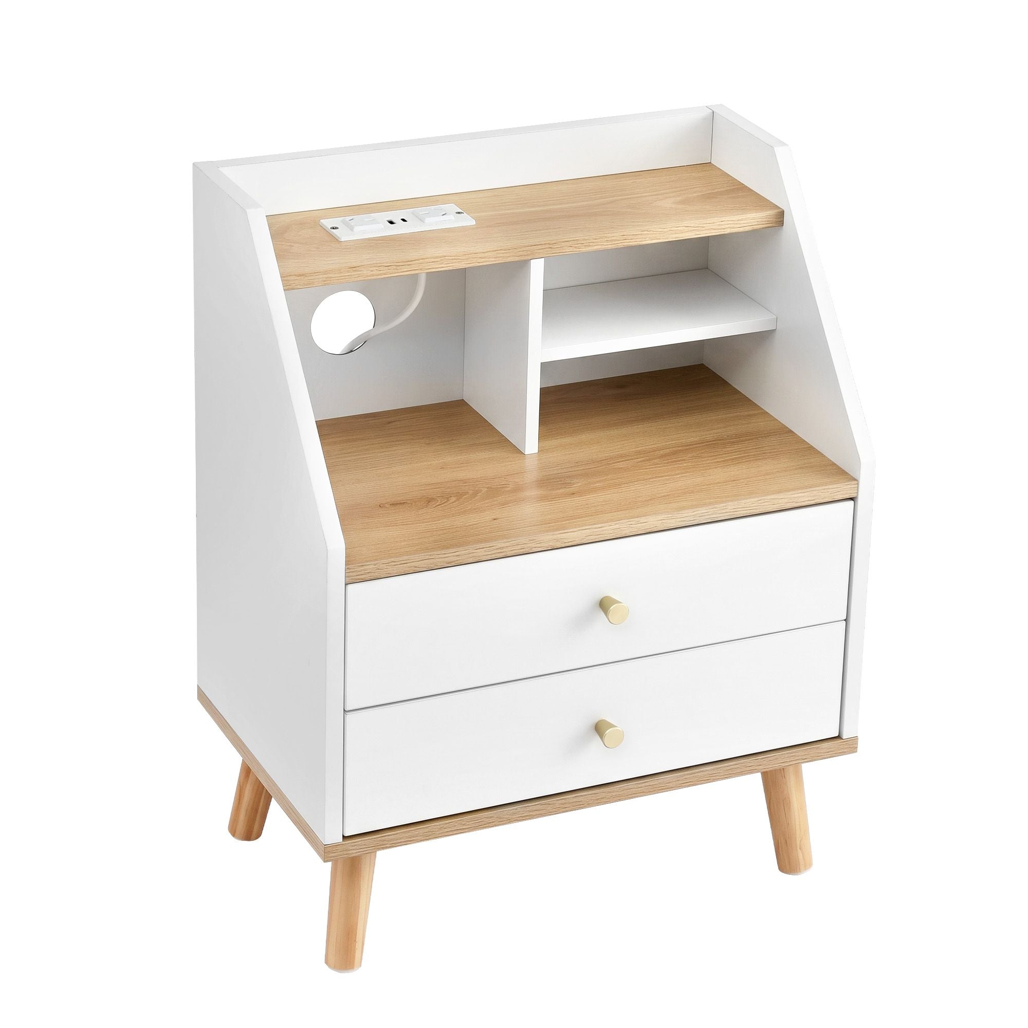 Artiss Charging Bedside Table with 2 Drawers and 3 Shelves – White and Pine