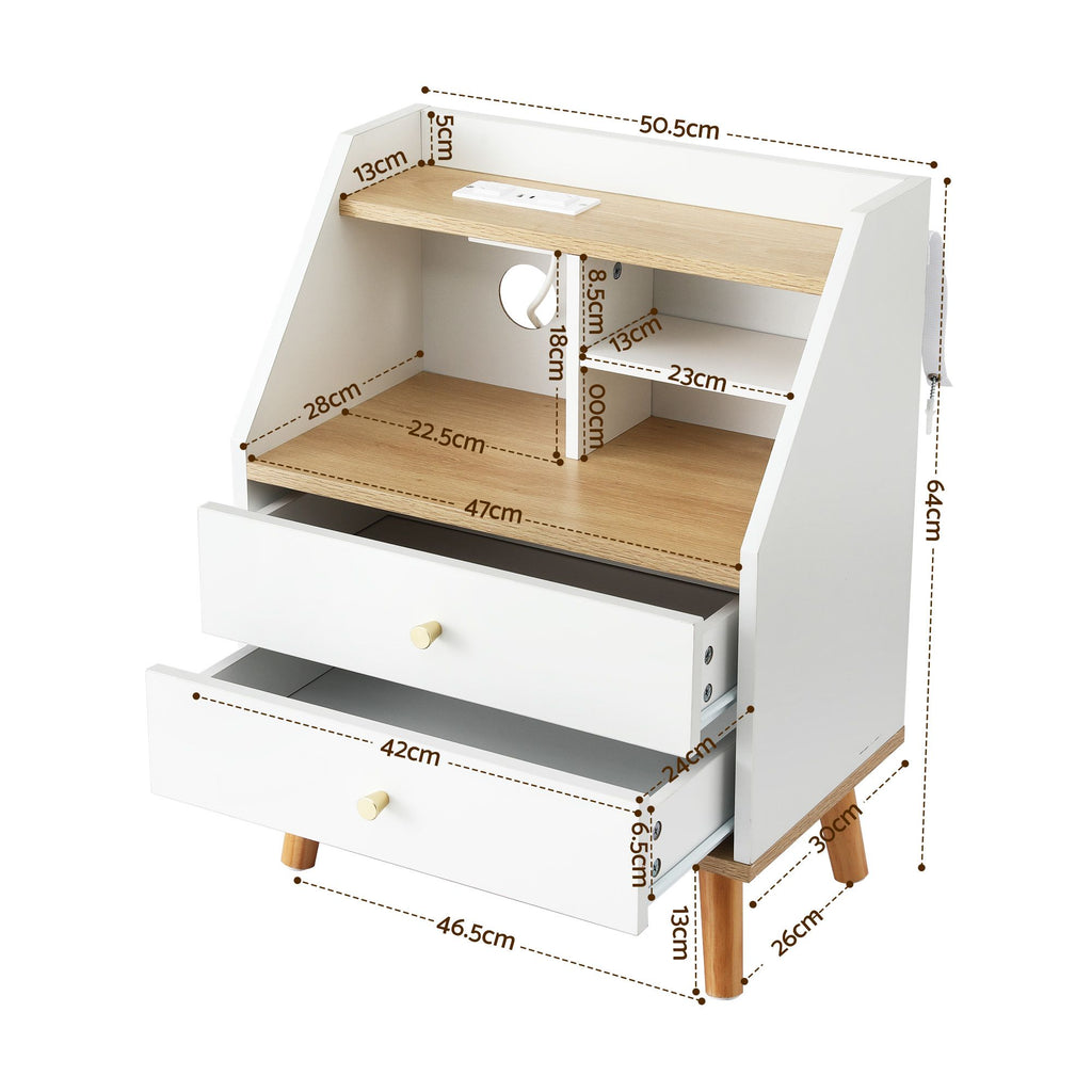 Artiss Charging Bedside Table with 2 Drawers and 3 Shelves – White and Pine