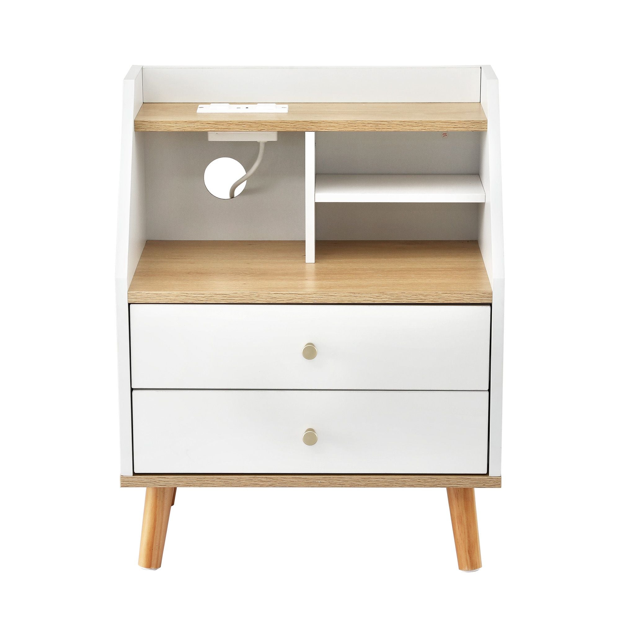 Artiss Charging Bedside Table with 2 Drawers and 3 Shelves – White and Pine