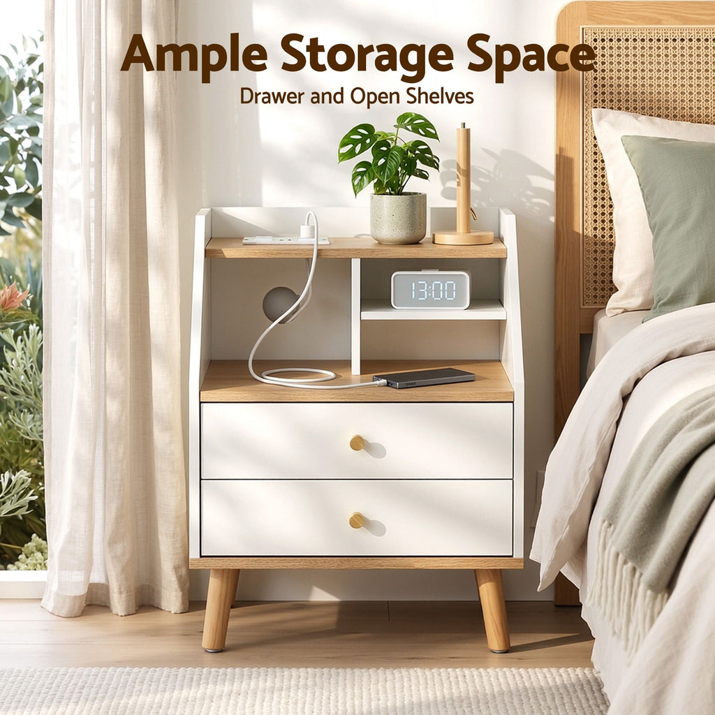 Artiss Charging Bedside Table with 2 Drawers and 3 Shelves – White and Pine