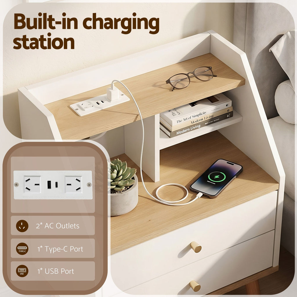 Artiss Charging Bedside Table with 2 Drawers and 3 Shelves – White and Pine
