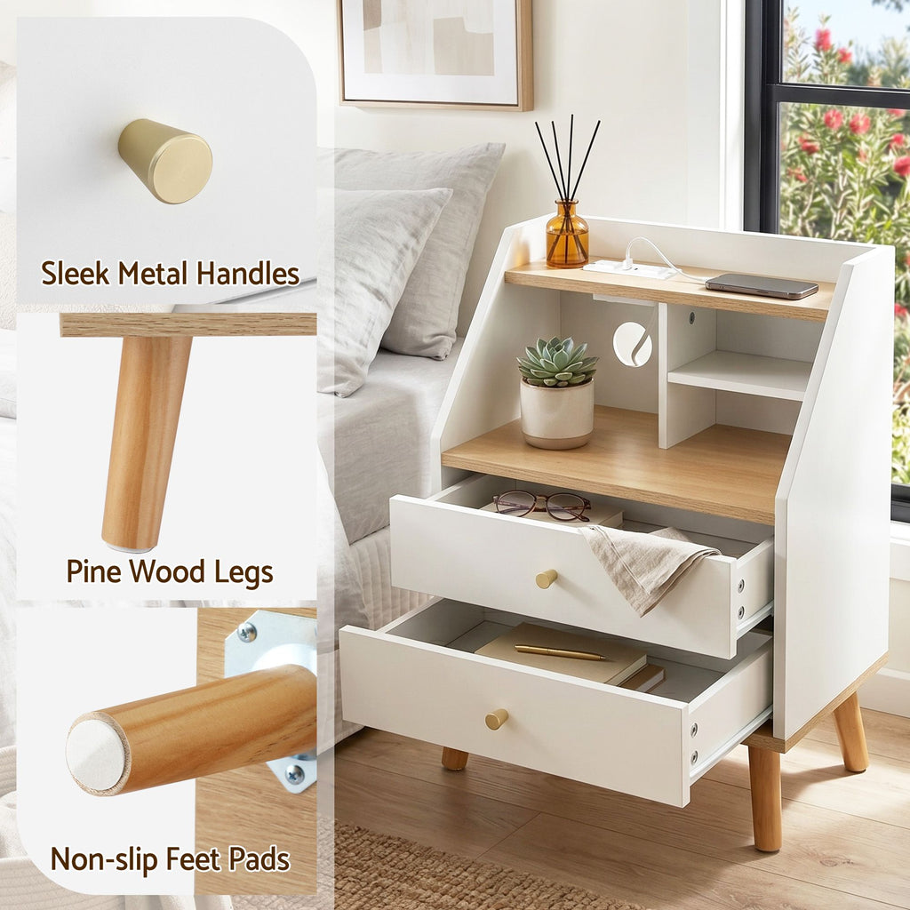 Artiss Charging Bedside Table with 2 Drawers and 3 Shelves – White and Pine