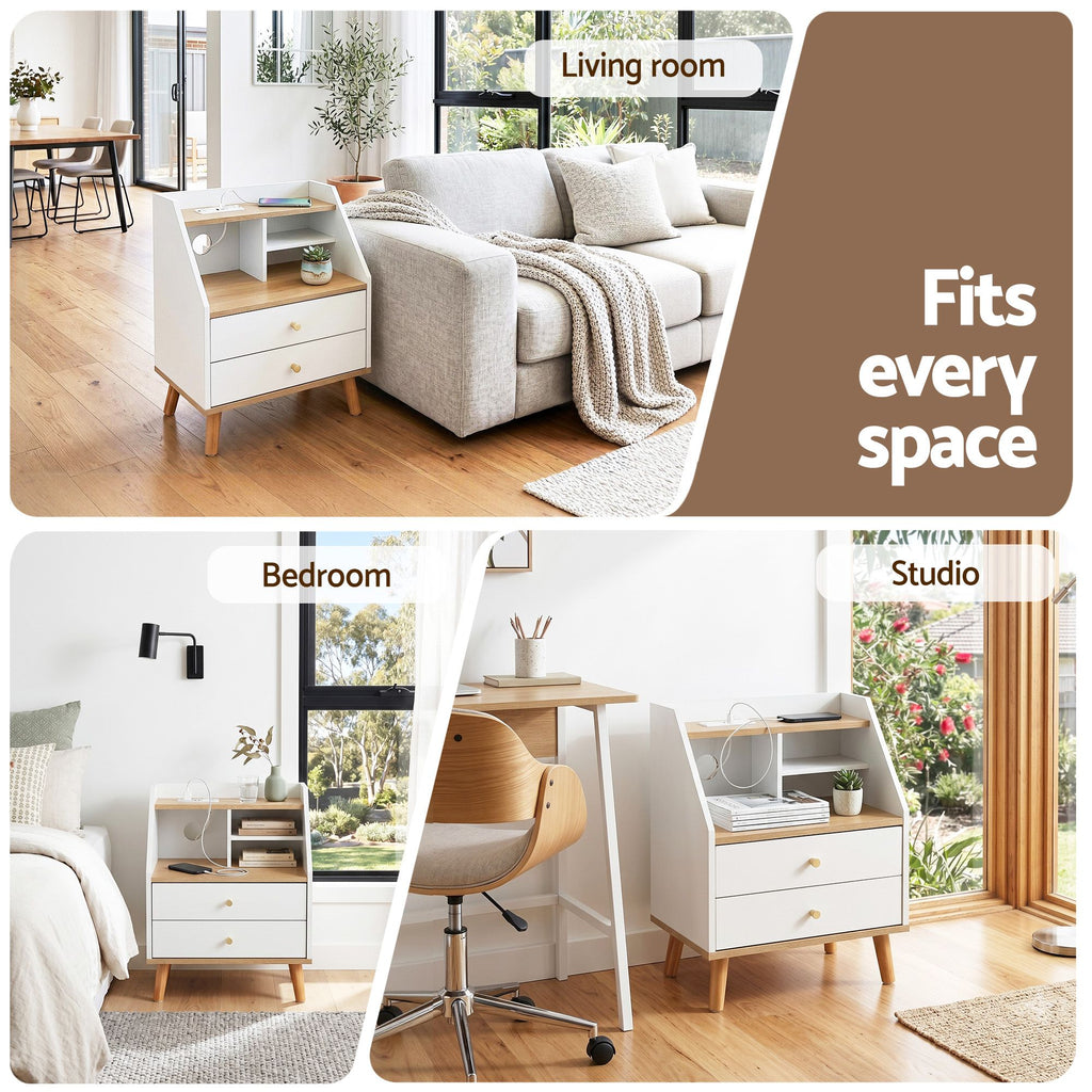 Artiss Charging Bedside Table with 2 Drawers and 3 Shelves – White and Pine