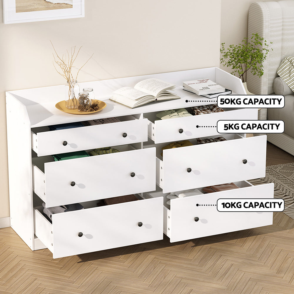 Artiss Pete 6-Drawer Lowboy with Top Shelf – White
