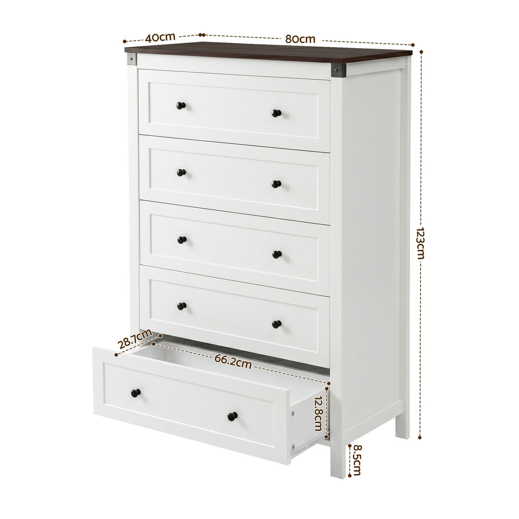 Artiss 5-Drawer Tallboy – White and Walnut