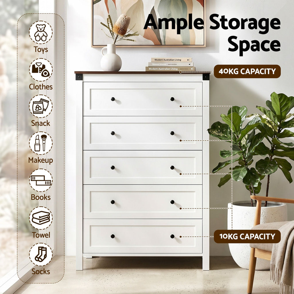 Artiss 5-Drawer Tallboy – White and Walnut