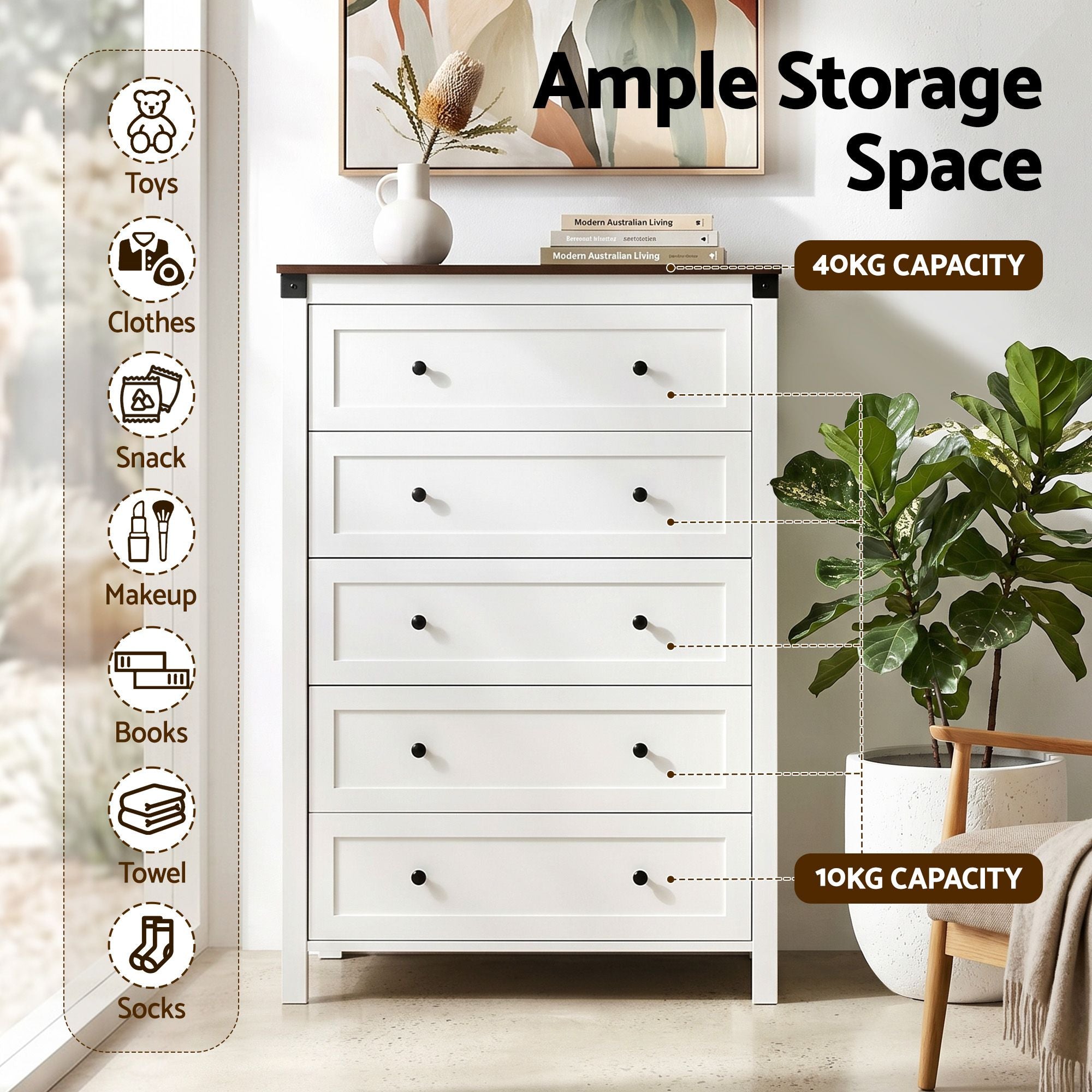 Artiss 5-Drawer Tallboy – White and Walnut