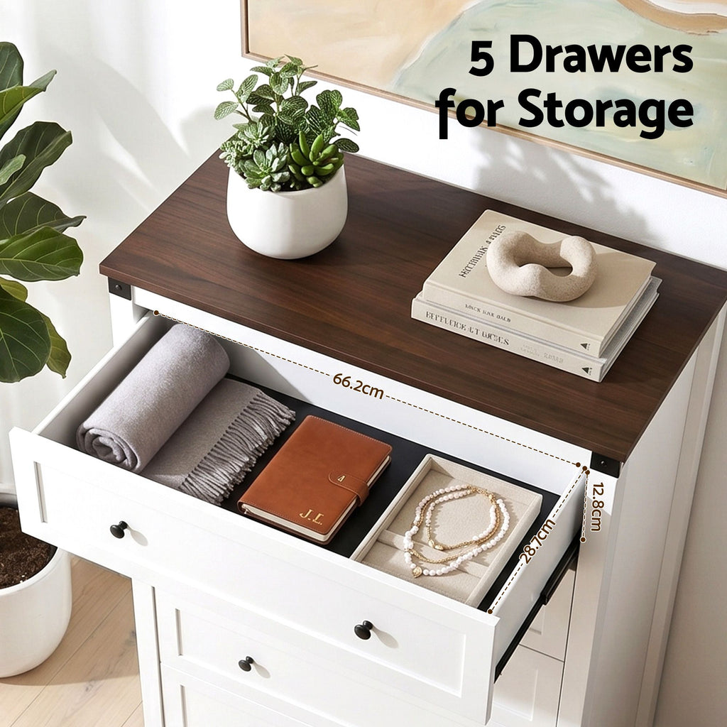 Artiss 5-Drawer Tallboy – White and Walnut