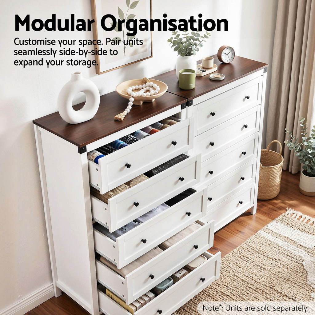 Artiss 5-Drawer Tallboy – White and Walnut