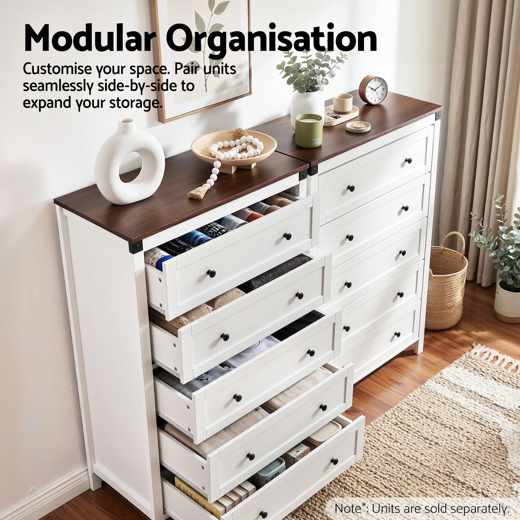 Artiss 5-Drawer Tallboy – White and Walnut