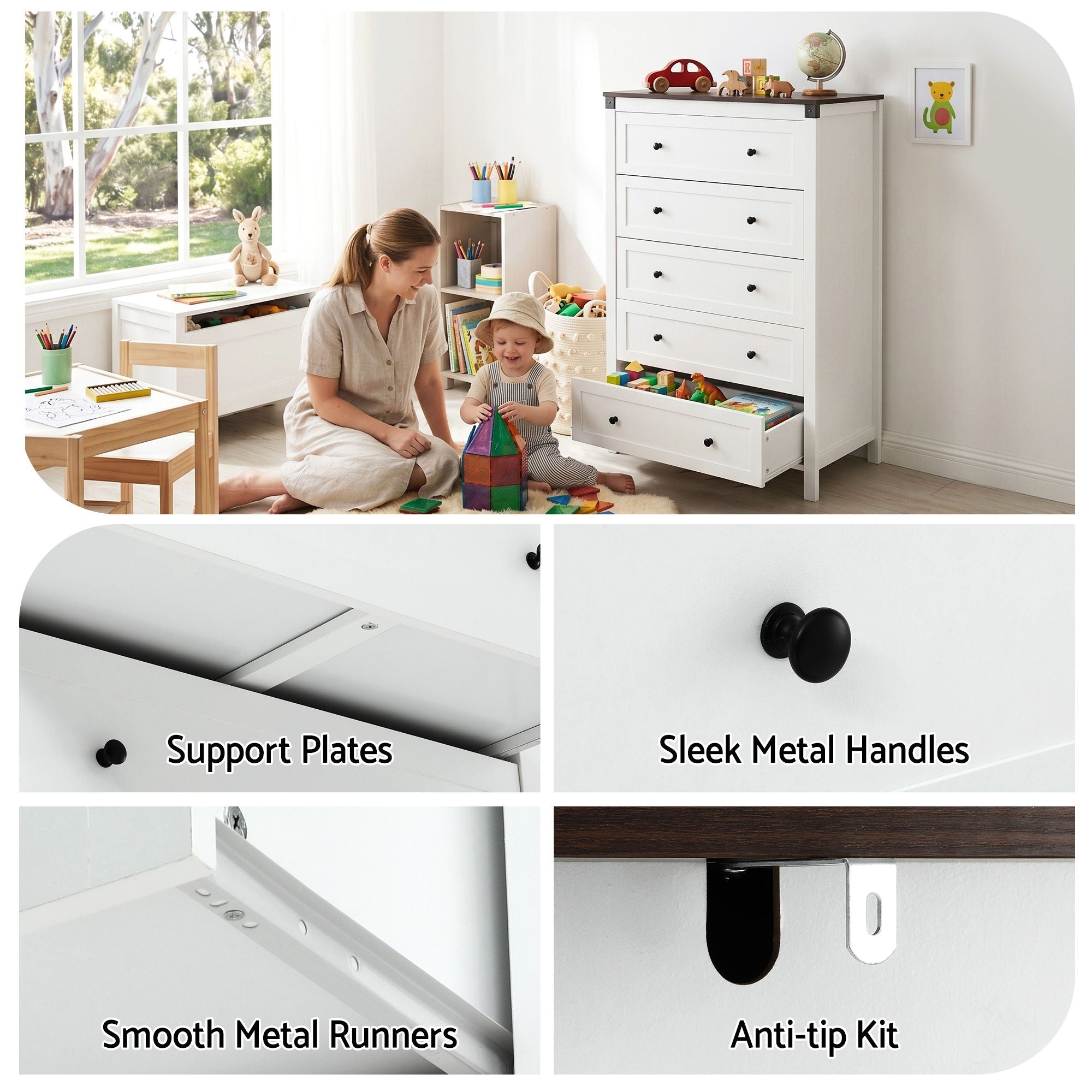 Artiss 5-Drawer Tallboy – White and Walnut