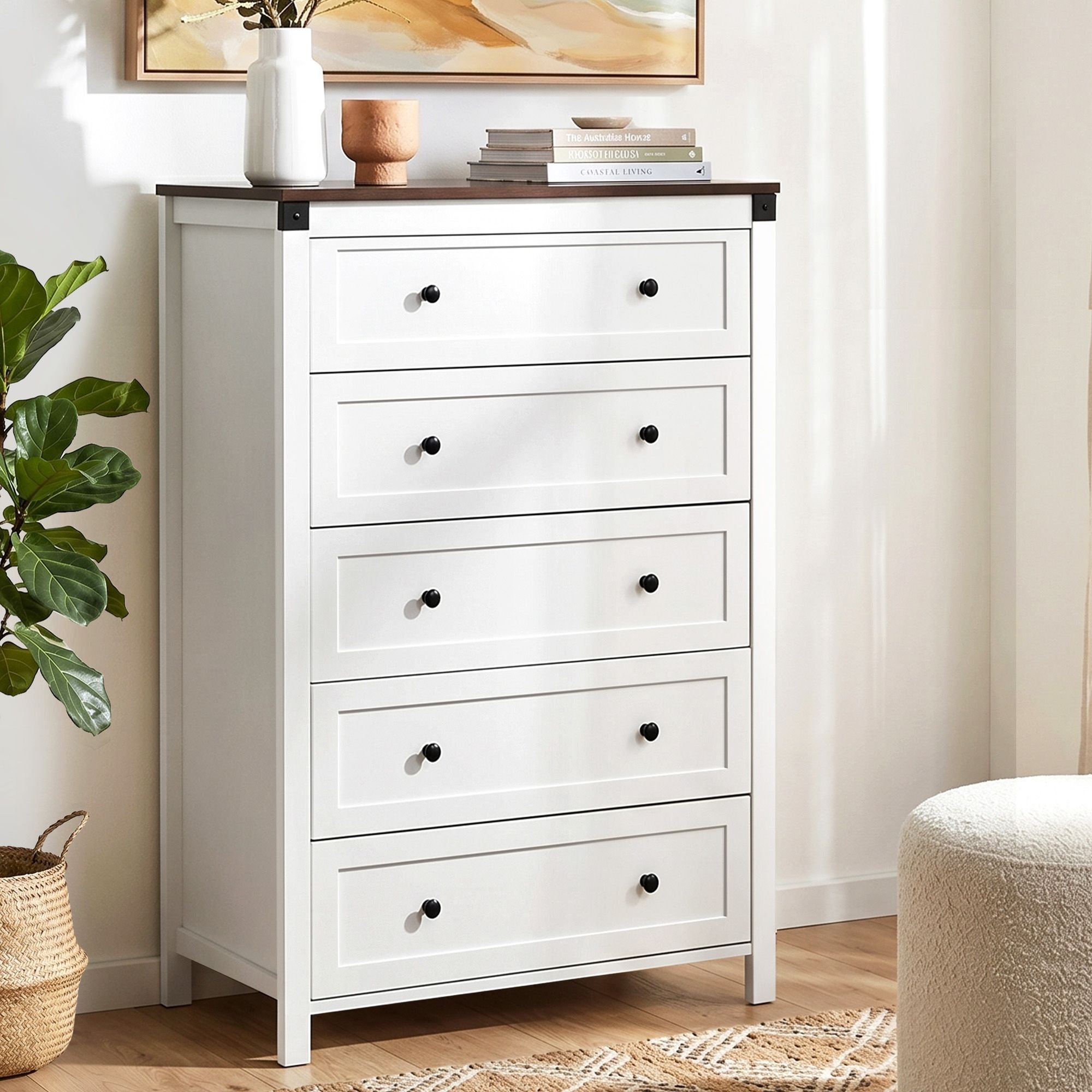 Artiss 5-Drawer Tallboy – White and Walnut